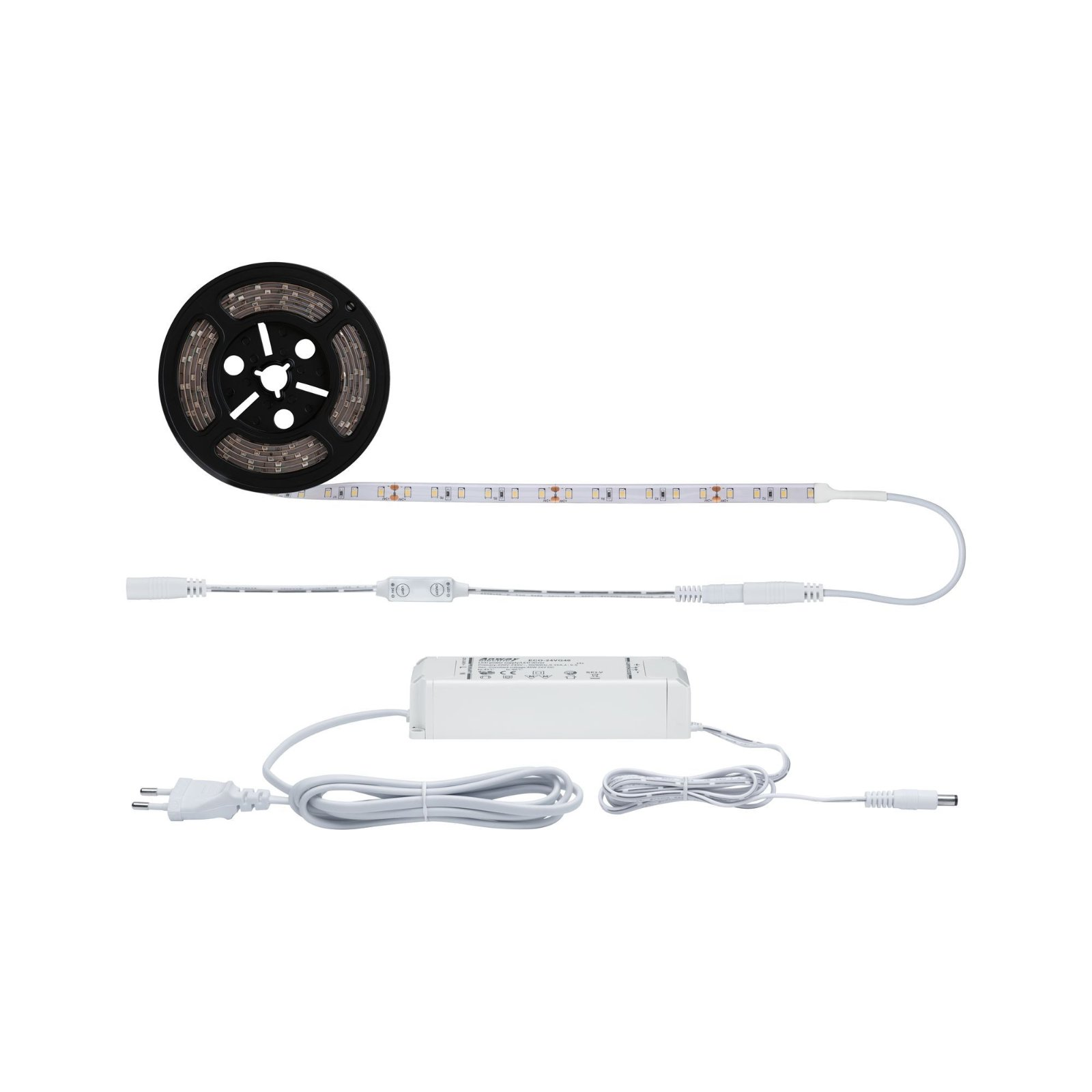 Bande LED avec composants, une alimentation et une prise. Tout est blanc.