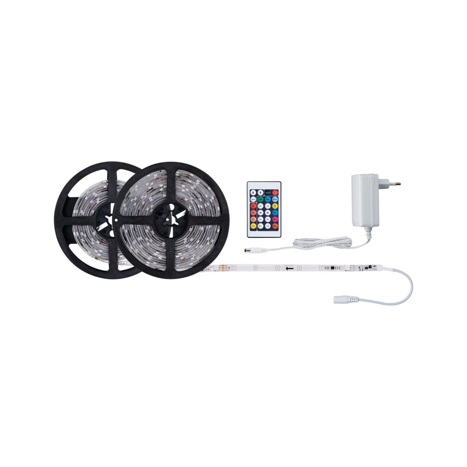 Dwie rolki taśm LED, pilot i zasilacz z białym kablem.
