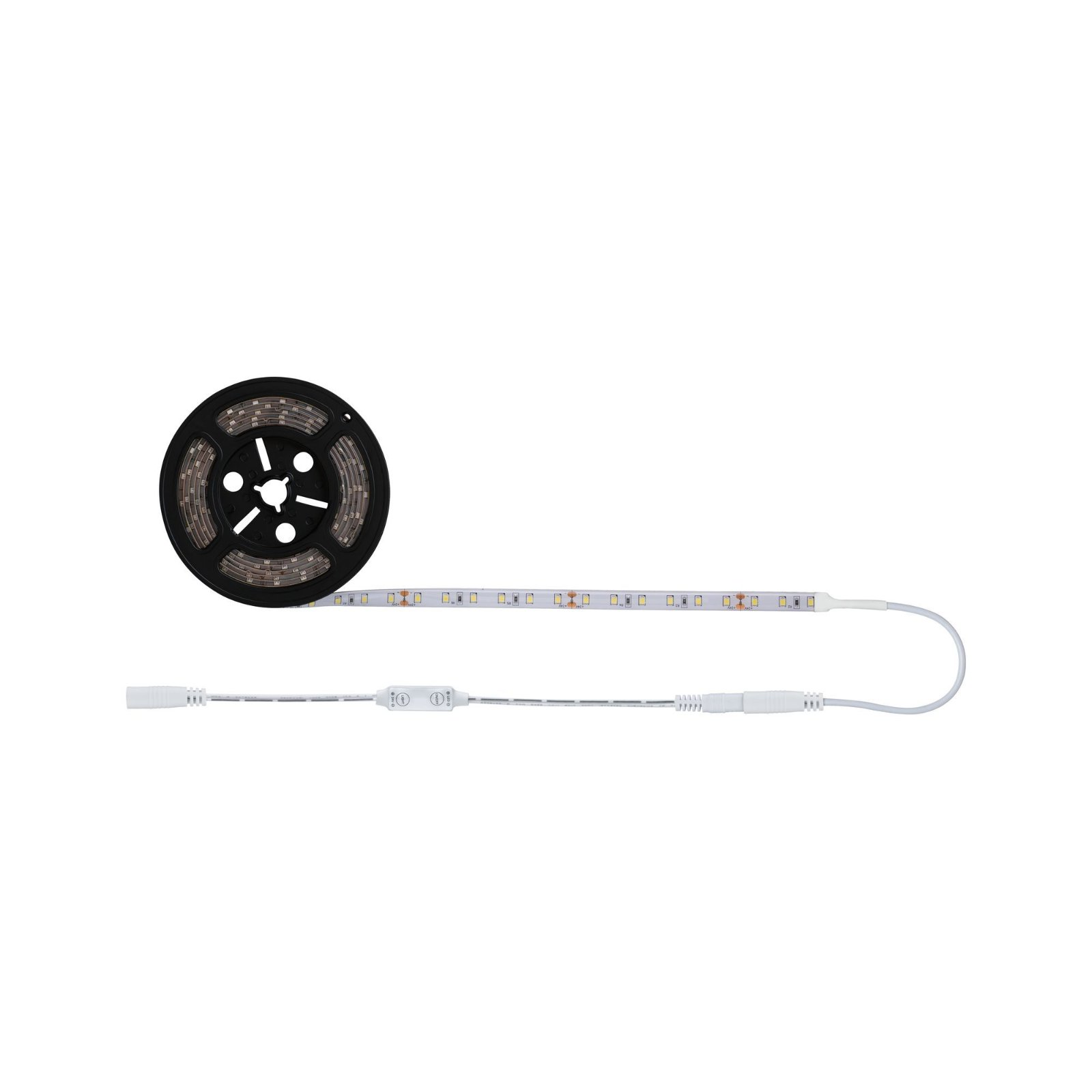 Ein aufgerolltes LED-Lichtband mit Netzteil und Steuerung, vor weißem Hintergrund.