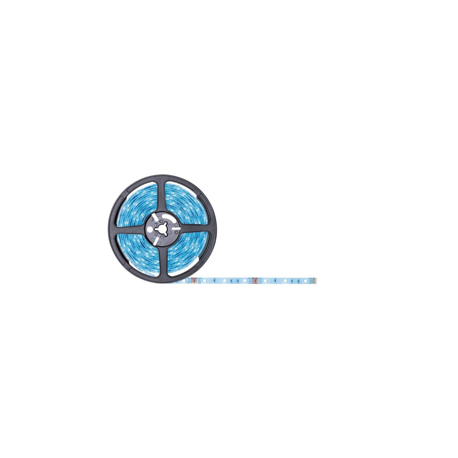 Niebieski pasek świetlny LED na szpuli. Pasek jest rozwinięty z boku.
