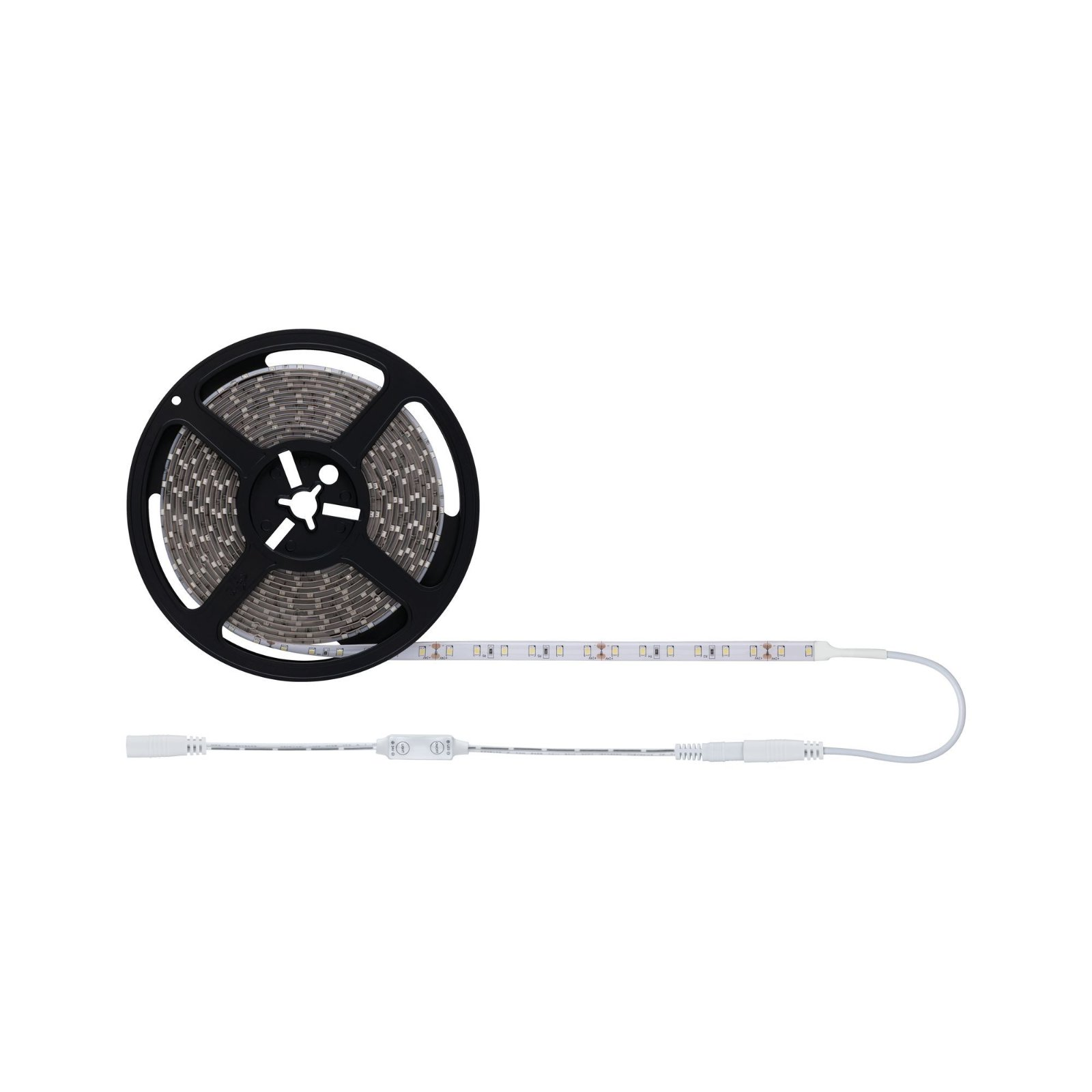 Szpula czarnych pasków LED z białymi przewodami i złączami, na białym tle.