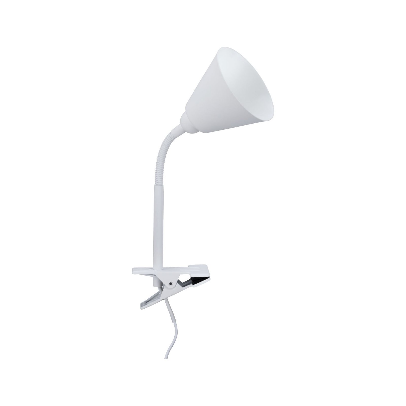 Weiße Schreibtischlampe mit flexiblem Hals und Clip, weißer Hintergrund.