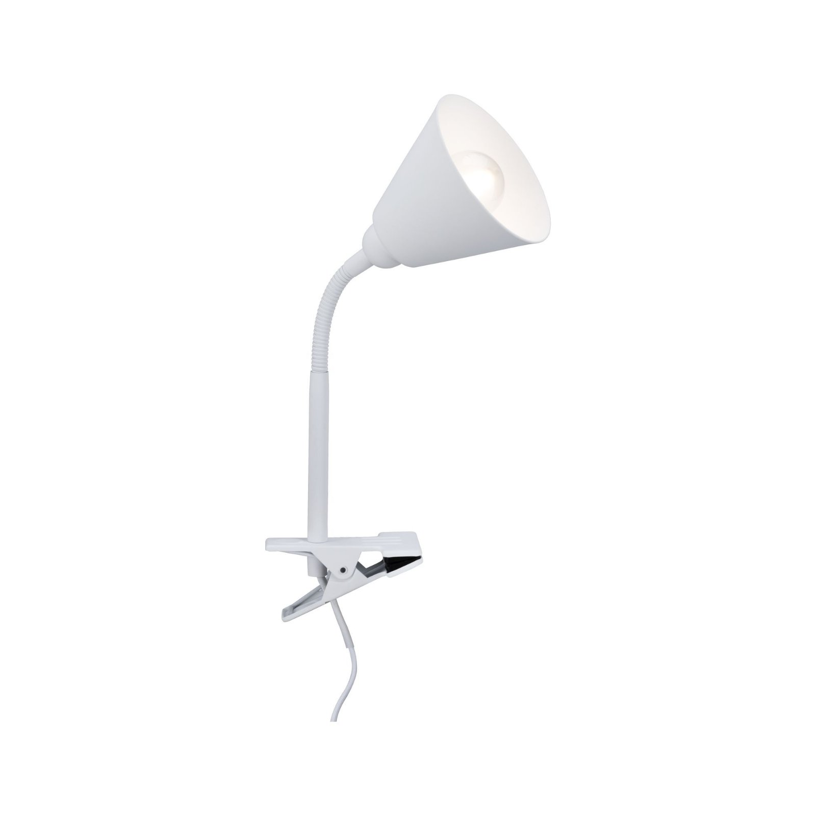 Weiße, verstellbare Schreibtischlampe mit Clip-on-Sockel, isoliert auf weißem Hintergrund.