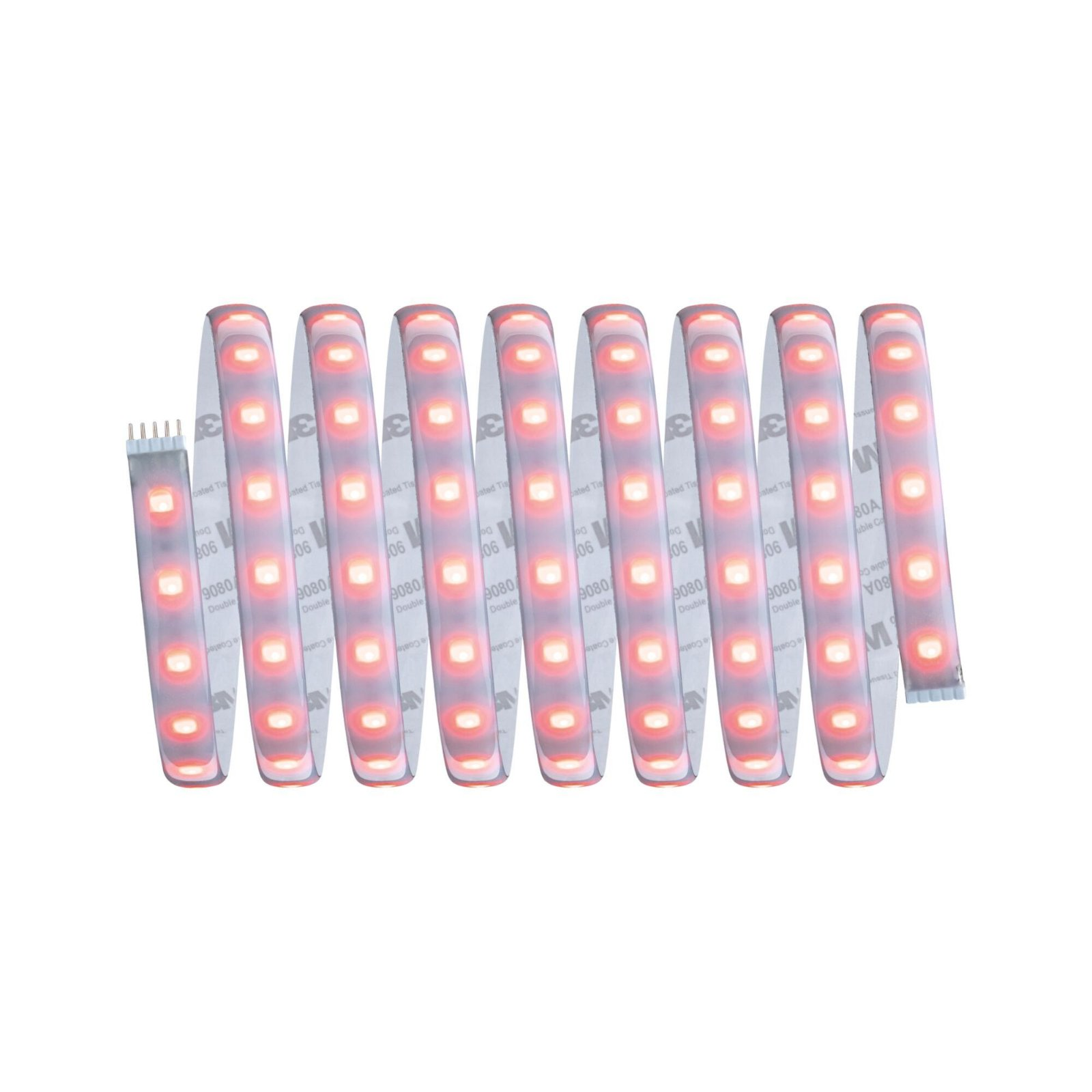 Nahaufnahme eines LED-Lichtstreifens. Zeigt mehrere Lichter auf weißem Hintergrund. Die Lichter sind rot.