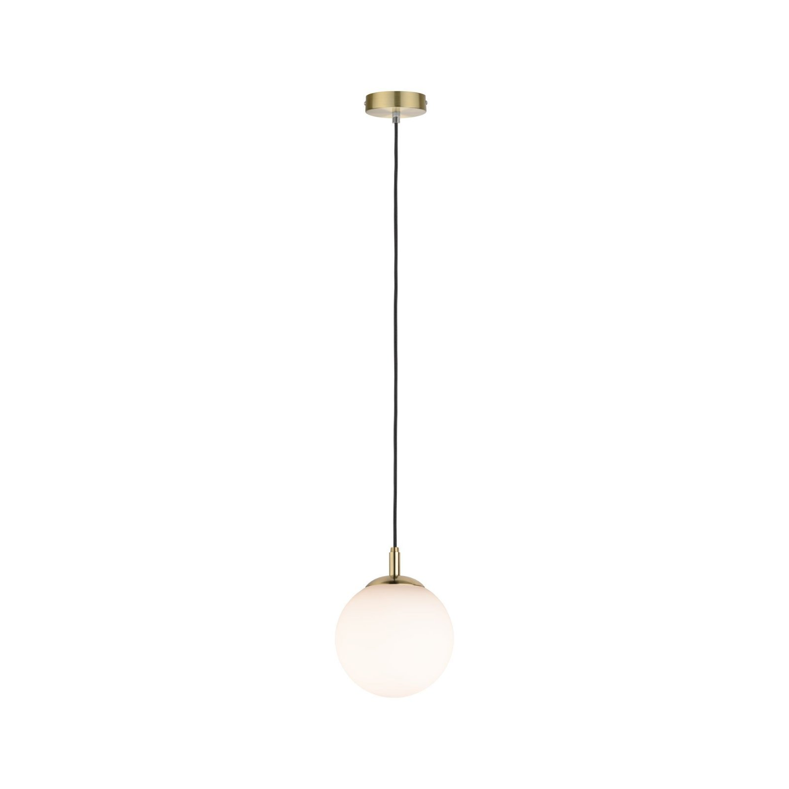 Eine Pendelleuchte mit weißem Kugelschirm, goldenen Akzenten und einem schwarzen Kabel, das von der Decke hängt.