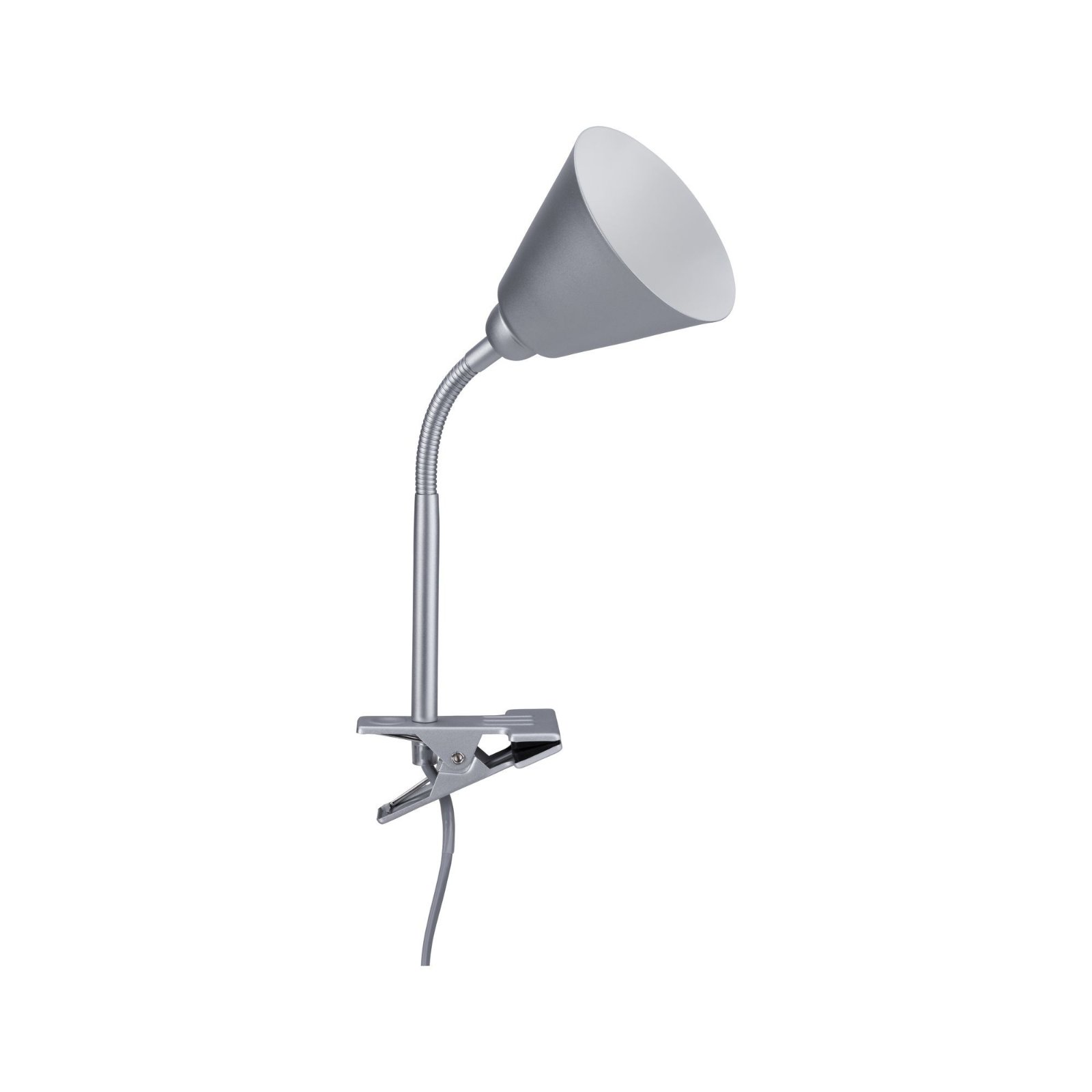 Srebrna lampa biurkowa z elastyczną szyją i podstawą zaciskową, białe tło.