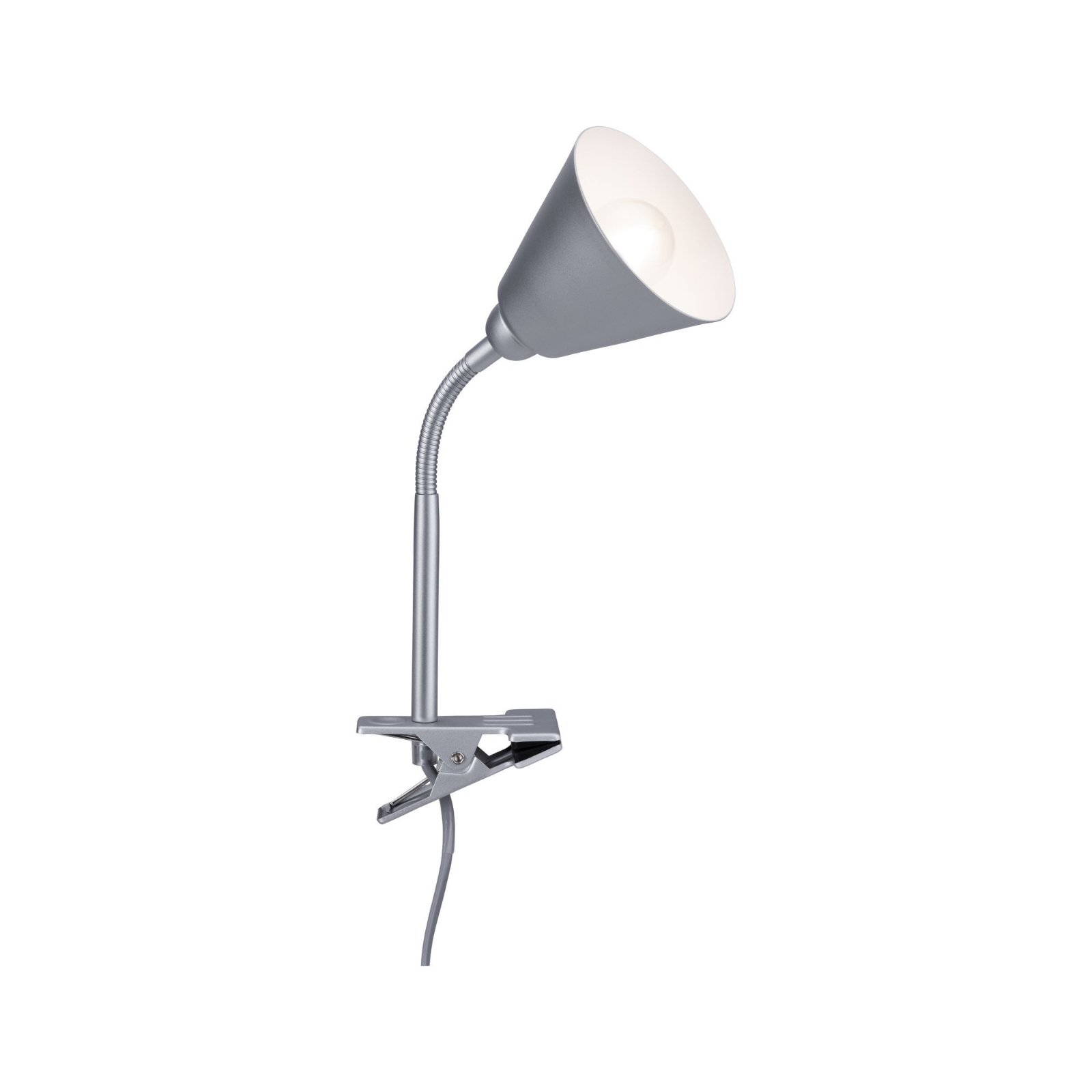 Srebrna lampa biurkowa, z elastyczną szyją i podstawą zaciskową. Ma białe wnętrze.