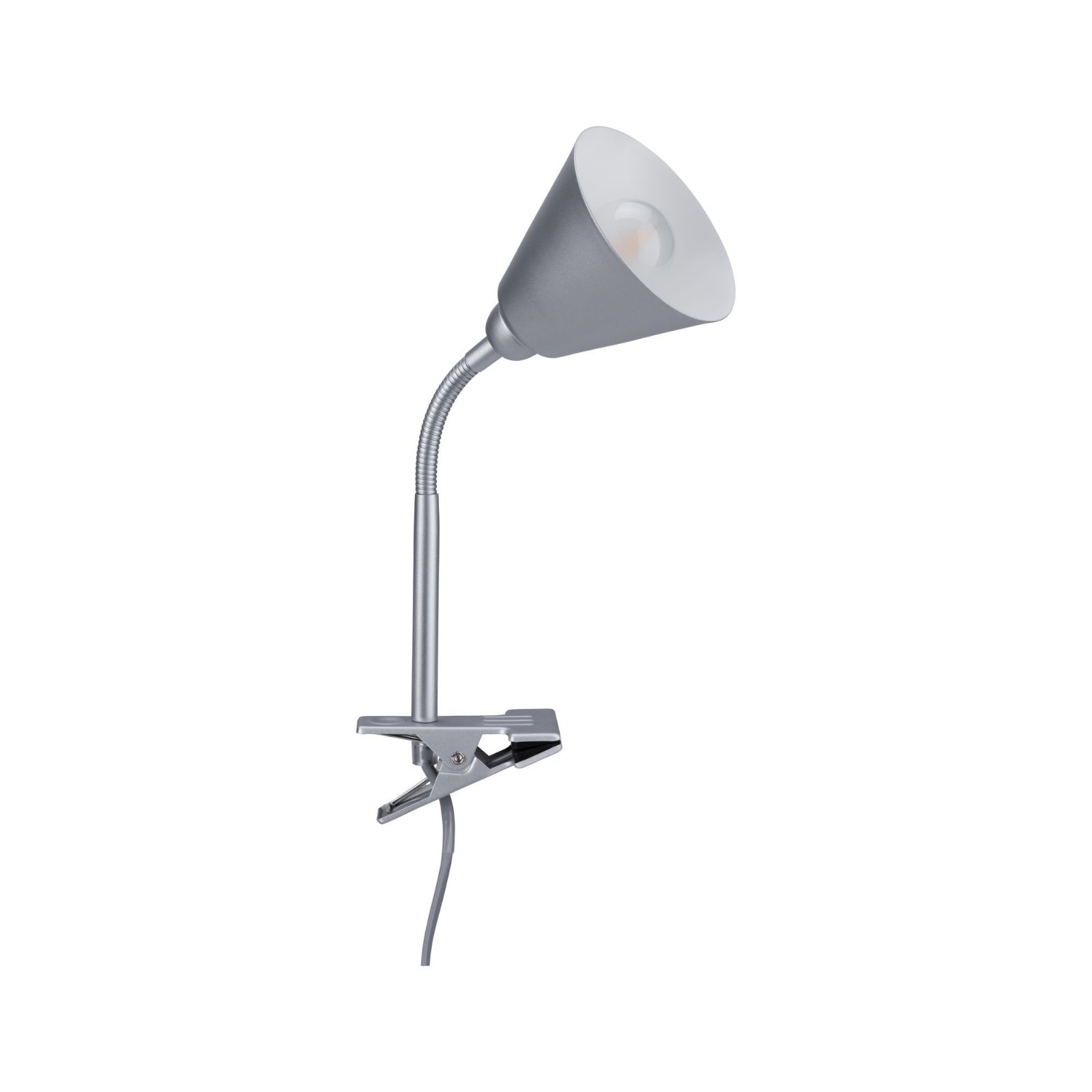 Srebrna lampa biurkowa z elastyczną szyją i podstawą zaciskową. Białe tło.