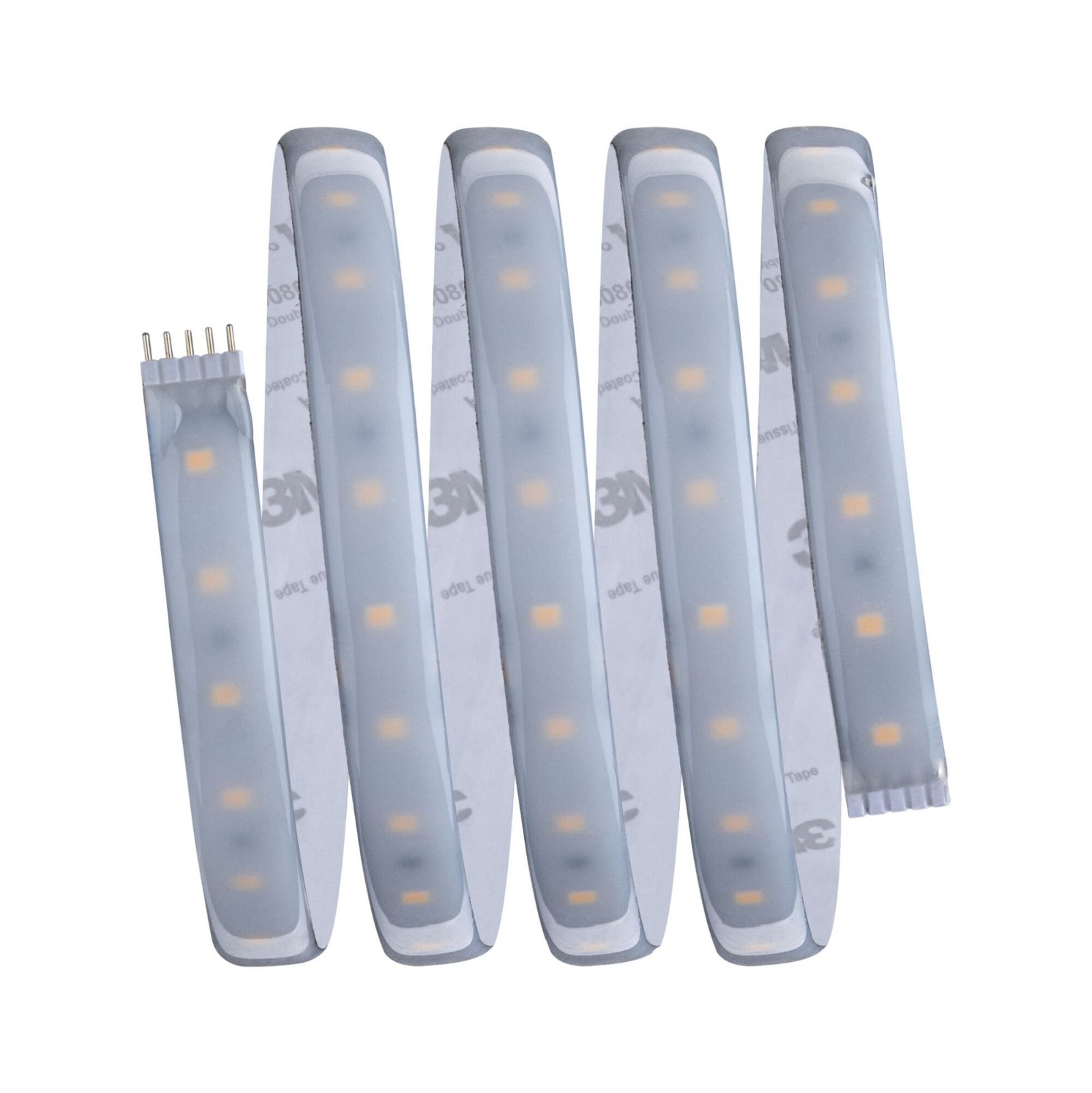 Mehrere weiße LED-Lichtleisten, aufgerollt. Sie haben eine Kleberückseite und eine Reihe von Anschlussstiften.