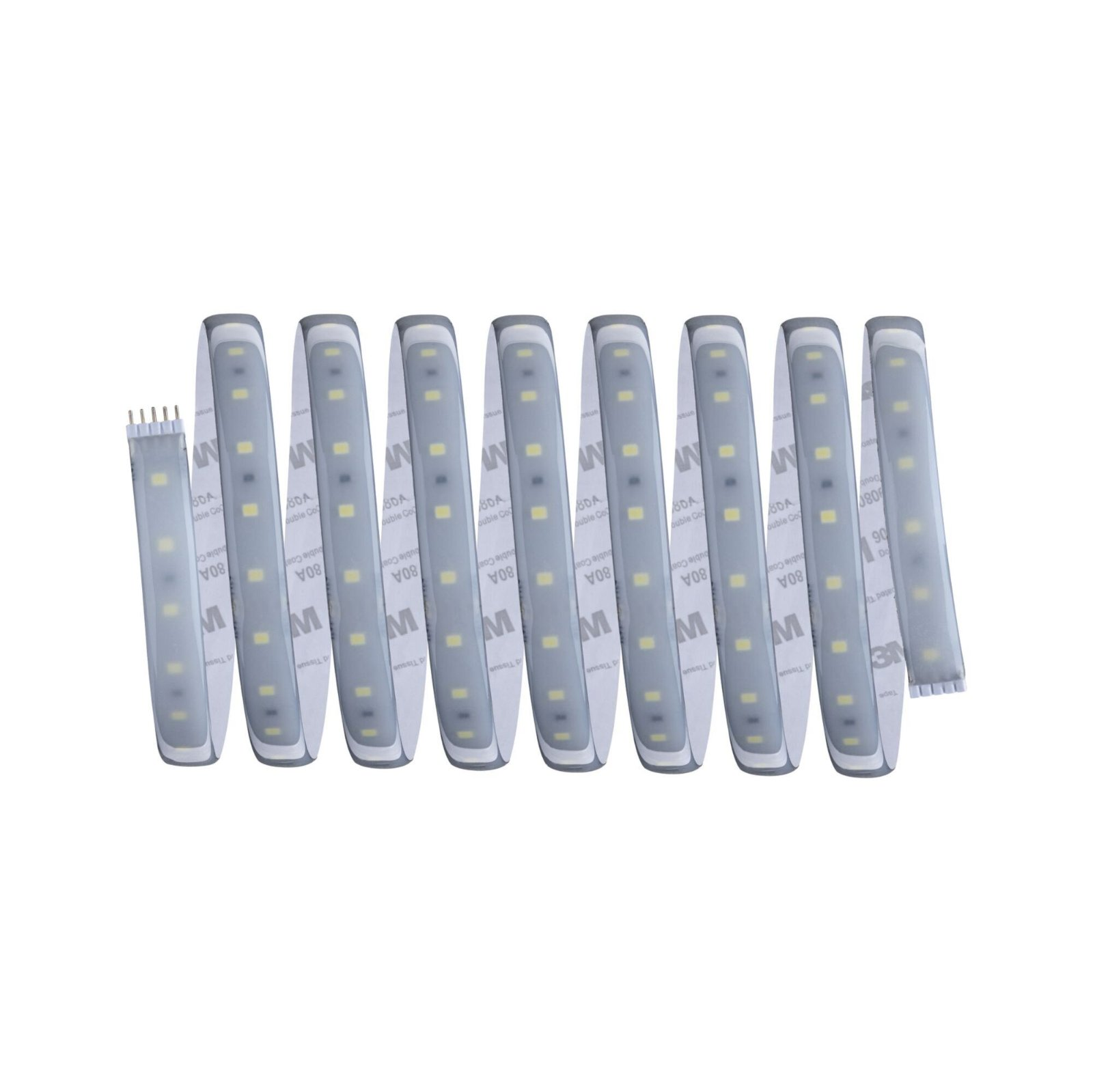 Flexibler LED-Lichtstreifen aufgerollt. Weiß mit mehreren LED-Leuchten und dem Wort 'M' darauf.