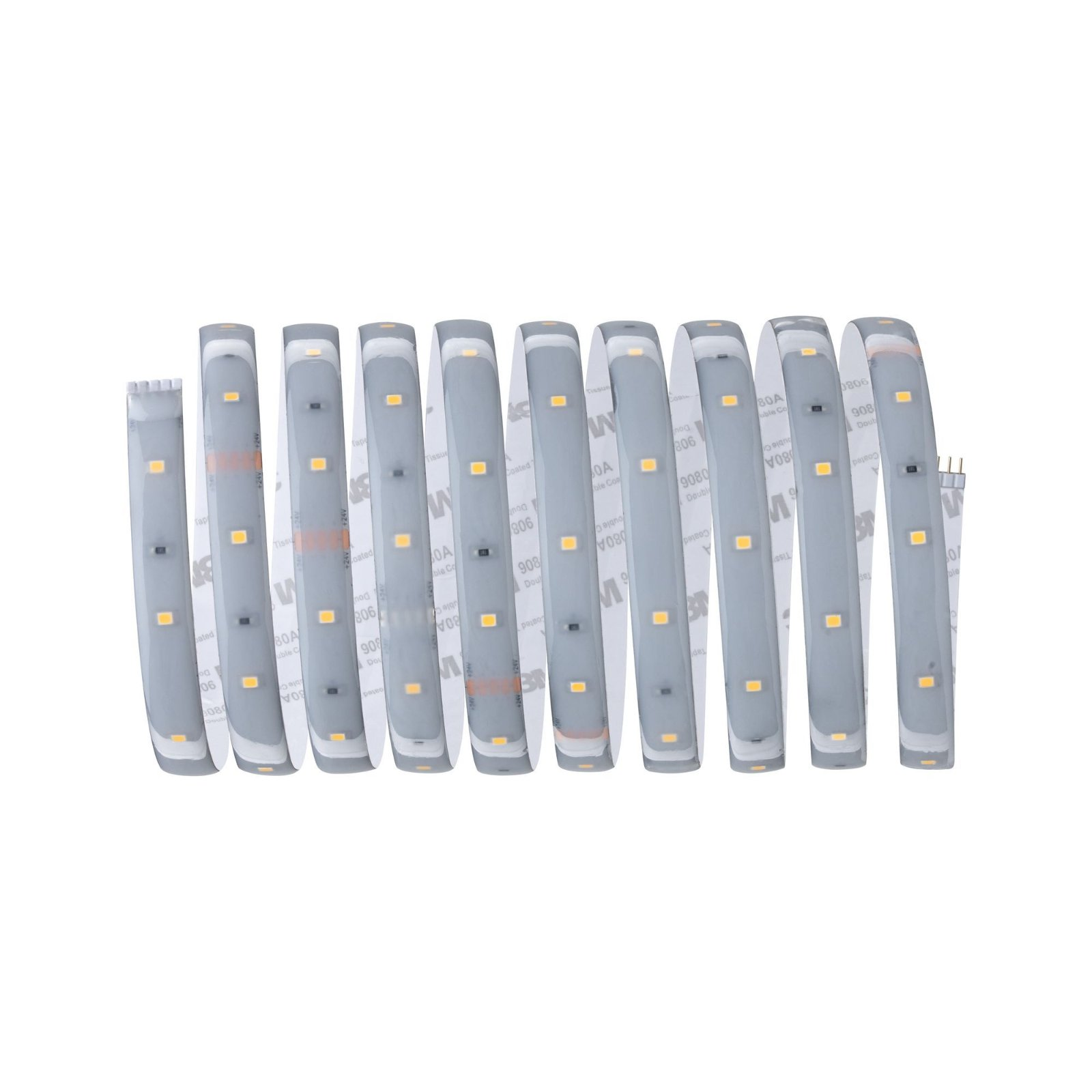 Eine aufgerollte LED-Lichtleiste mit Kleberückseite, die die einzelnen LED-Leuchten zeigt.