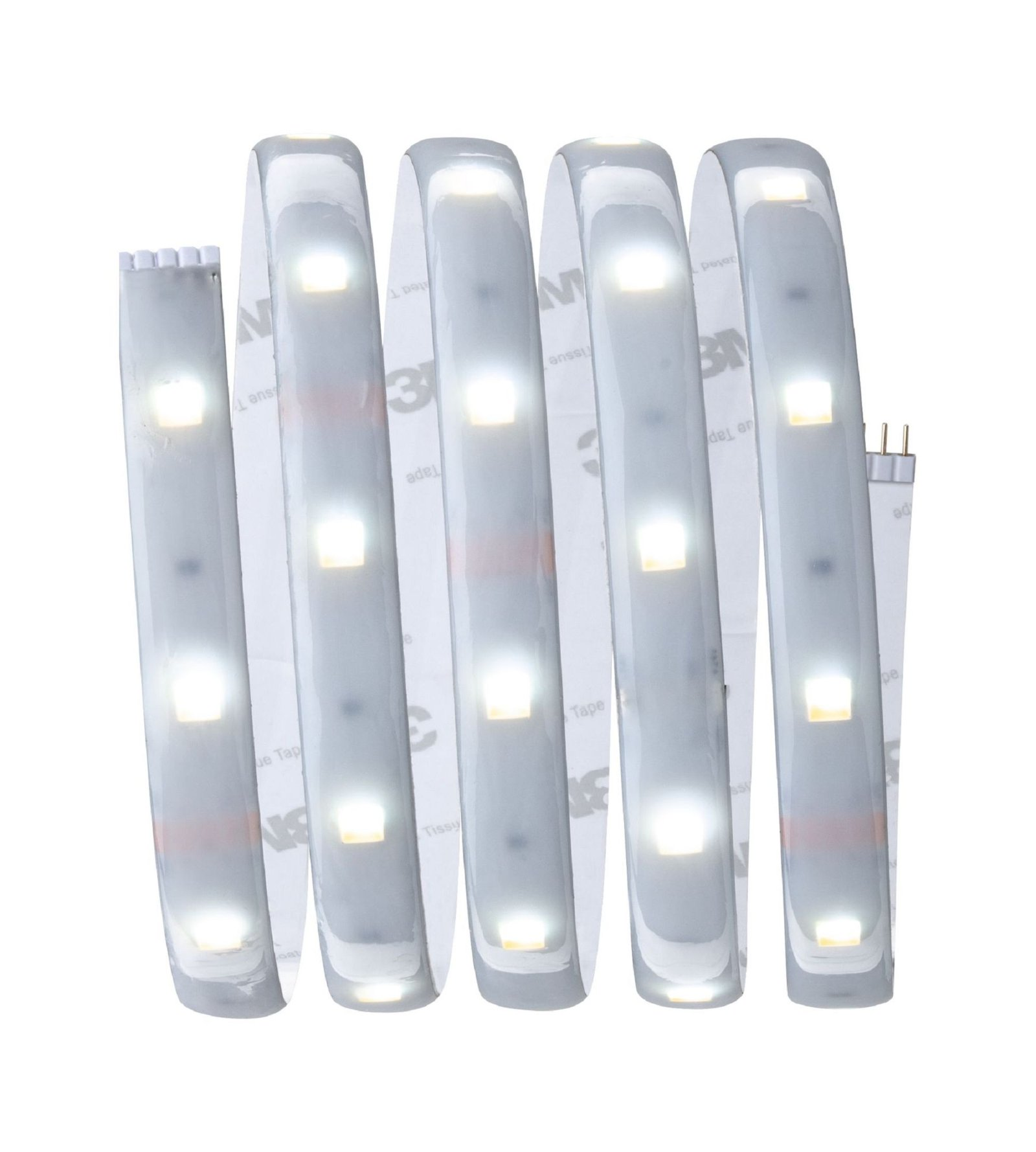 Aufgerollte LED-Streifen, die weiße Lichter und ein 3M-Klebebandetikett zeigen. Weißer Hintergrund.