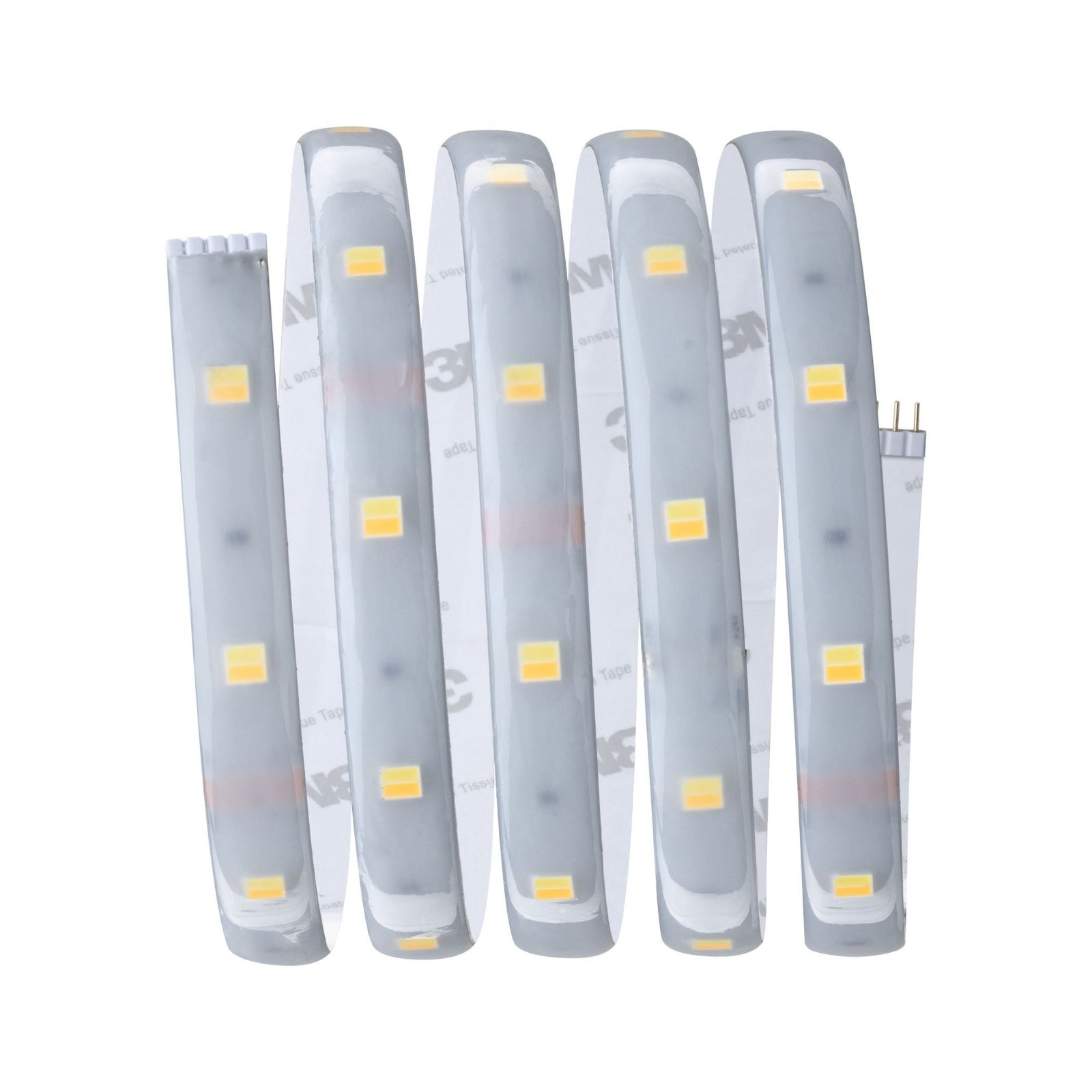 Aufgerollte LED-Streifen. Weiße Basis mit bernsteinfarbenen Lichtern. Weißer Hintergrund. 3M-Klebeband und Anschlüsse.