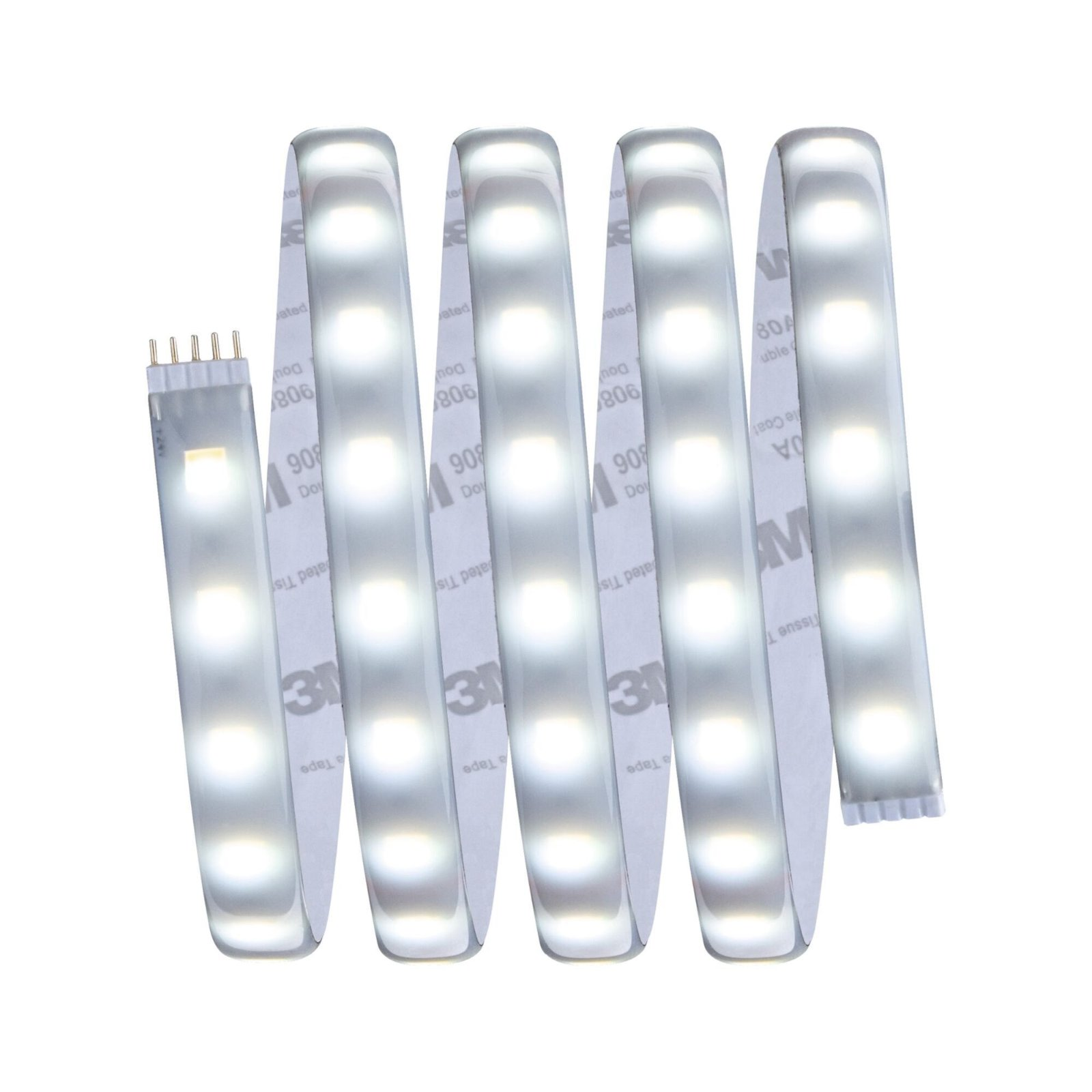 Ein Streifen weißer LED-Leuchten mit weißem Klebeband, der einzelne Leuchten zeigt.