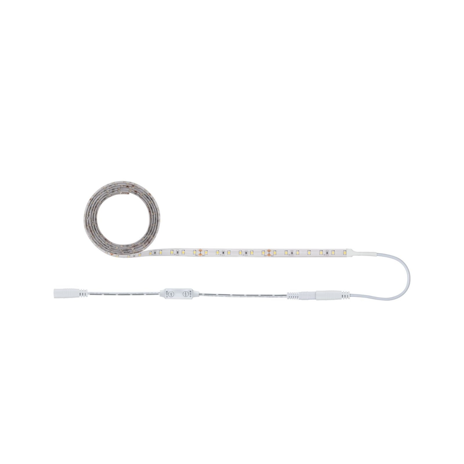Ein aufgerollter weißer LED-Streifen mit Schalter und Stecker. Der Hintergrund ist weiß und der Streifen befindet sich in der Mitte.