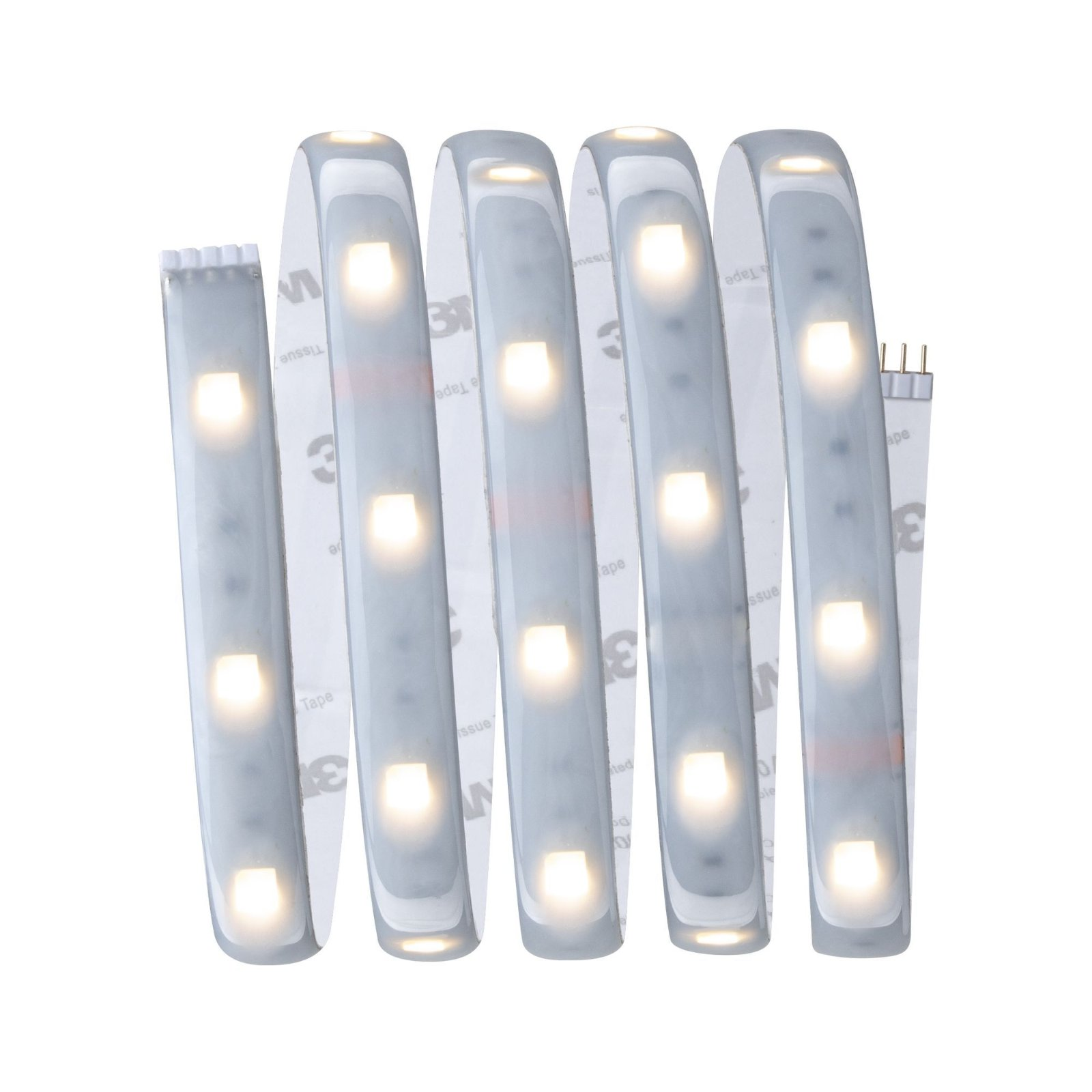 Eine aufgerollte LED-Lichtleiste auf weißer Oberfläche. Sie hat weiße Lichter und ein weißes Klebeband.