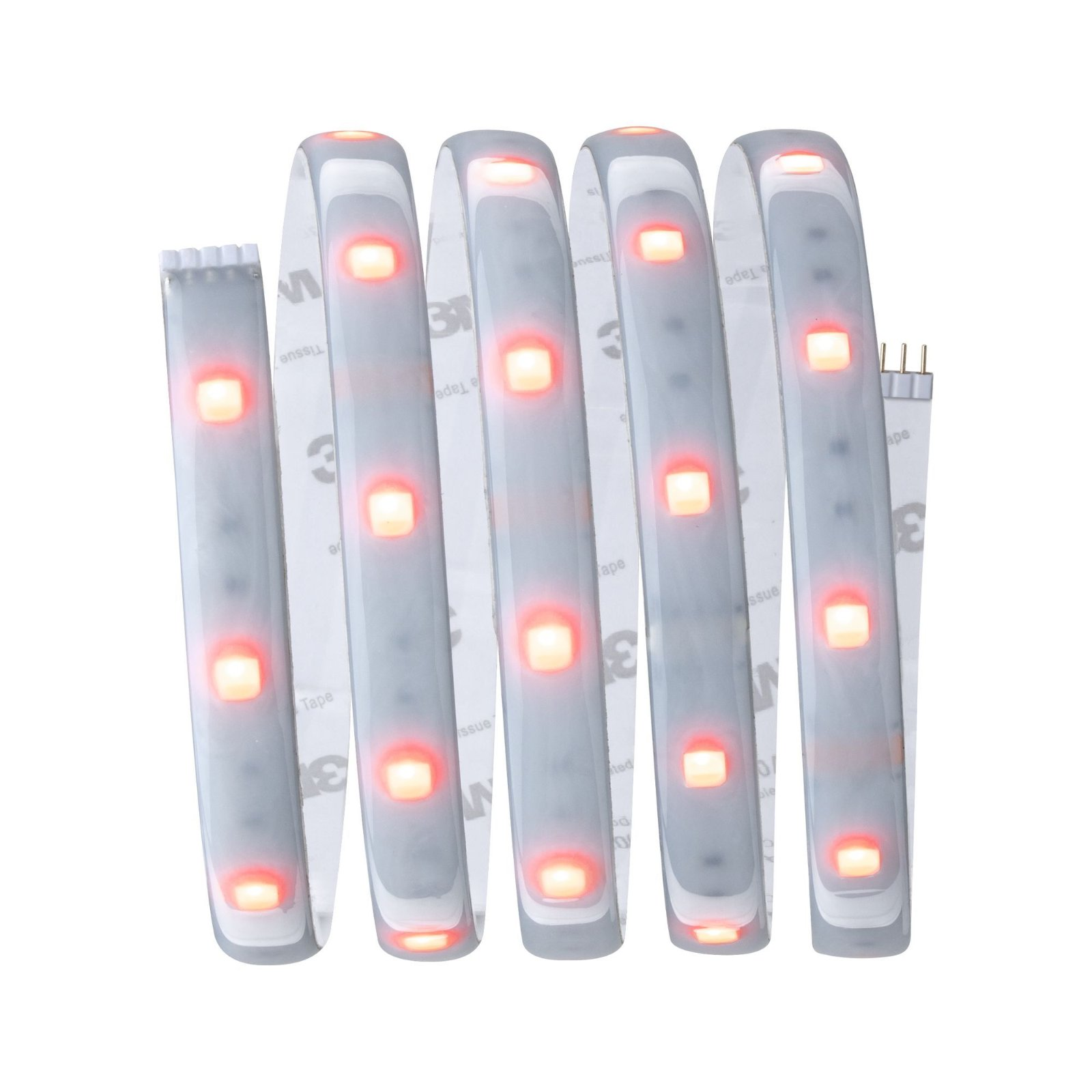 Nahaufnahme eines aufgerollten LED-Lichtbands mit roten Lichtern, an weißem Klebeband befestigt.