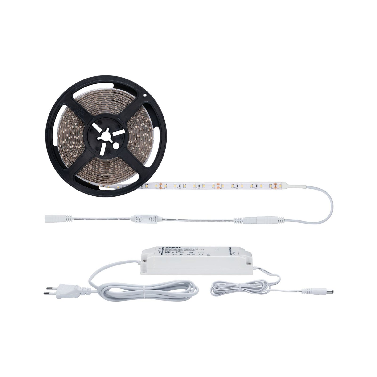 Bande lumineuse LED sur une bobine, avec alimentation et connecteurs attachés.