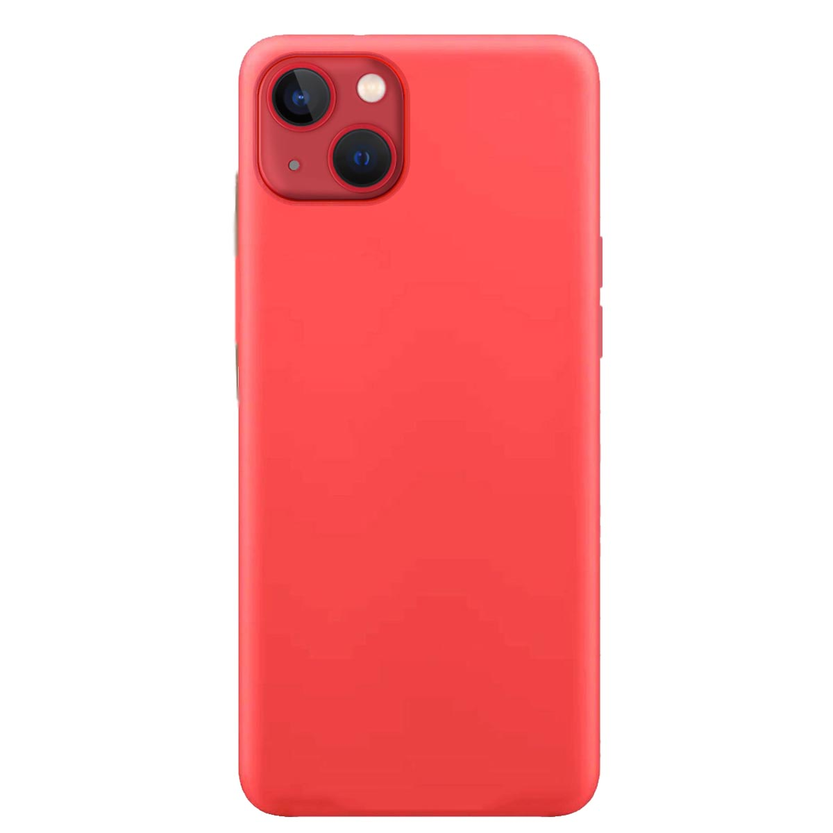Rote Handyhülle mit drei Kameras. Roter Hintergrund. Die Hülle bedeckt das Telefon.