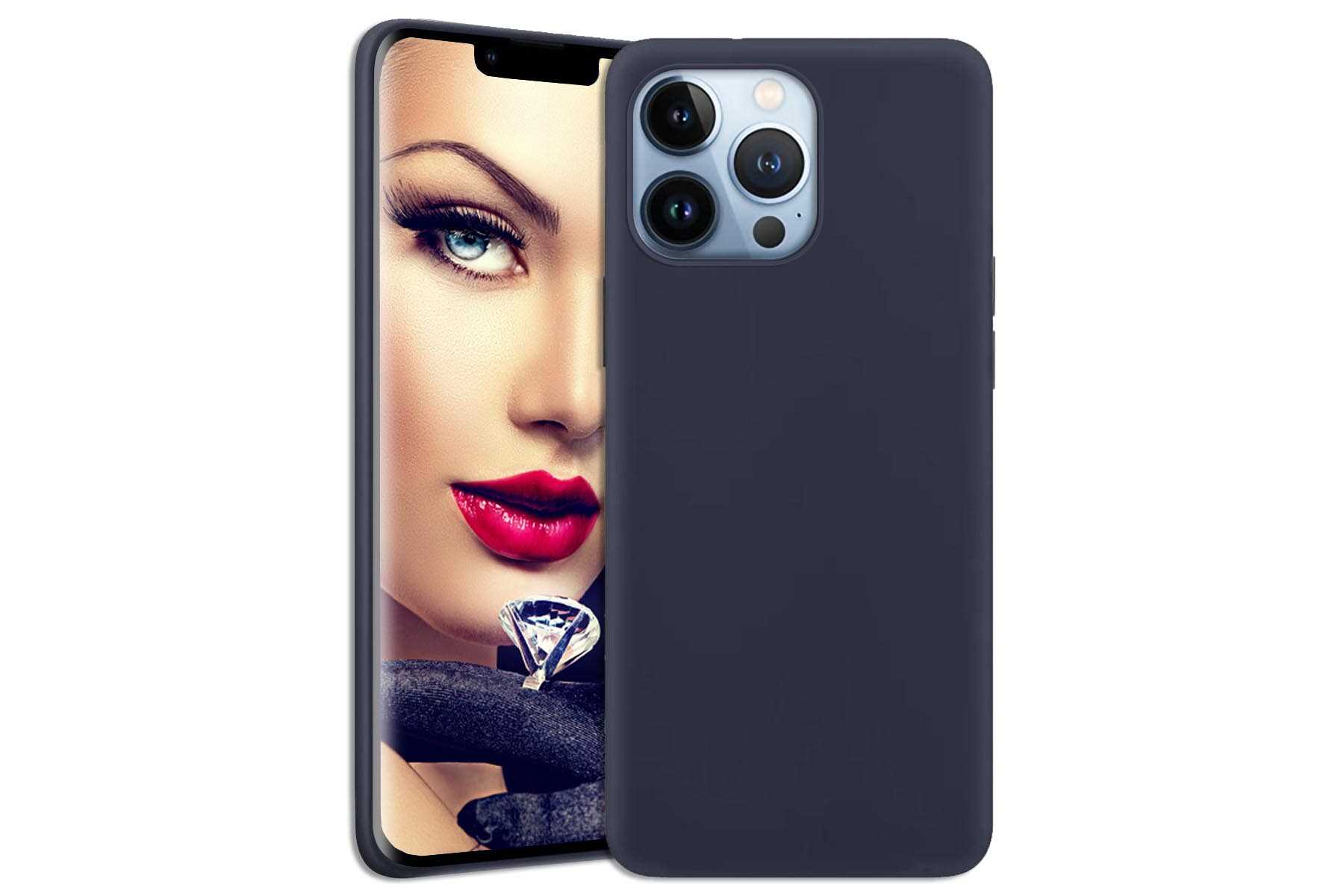Smartphone mit marineblauer Hülle. Der Bildschirm zeigt das Gesicht einer Frau mit rotem Lippenstift.