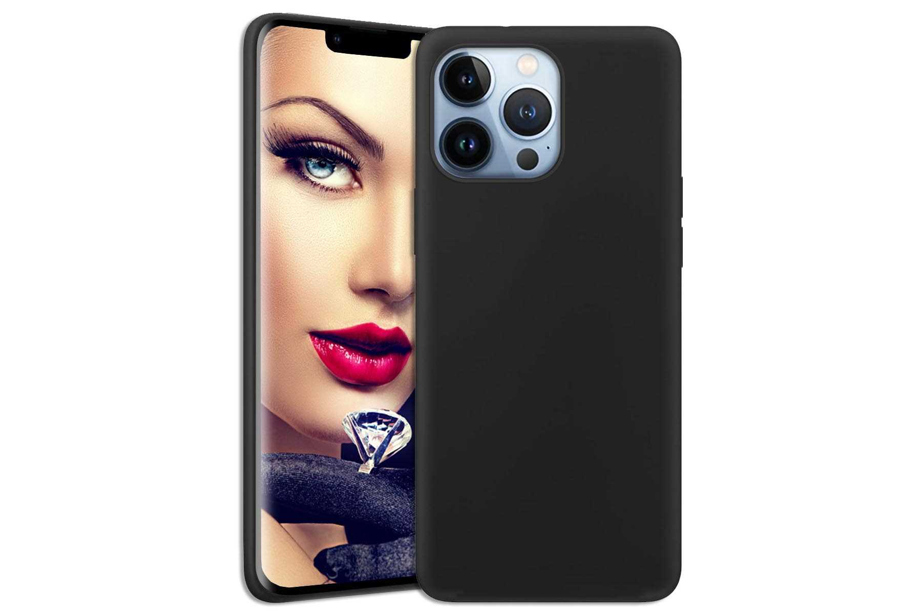 Eine schwarze Handyhülle neben einem Telefon, das das Gesicht einer Frau mit Diamantring zeigt.