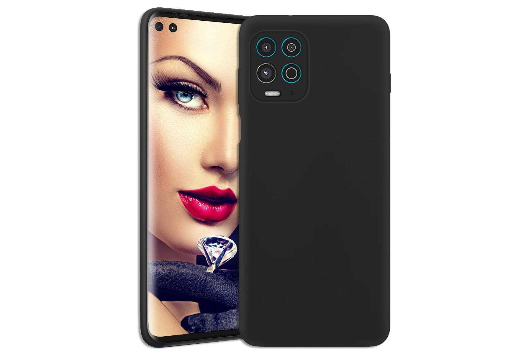 Schwarze Handyhülle und ein Telefon mit einer Frau mit Make-up und einem Diamantring. Schwarzer Hintergrund.