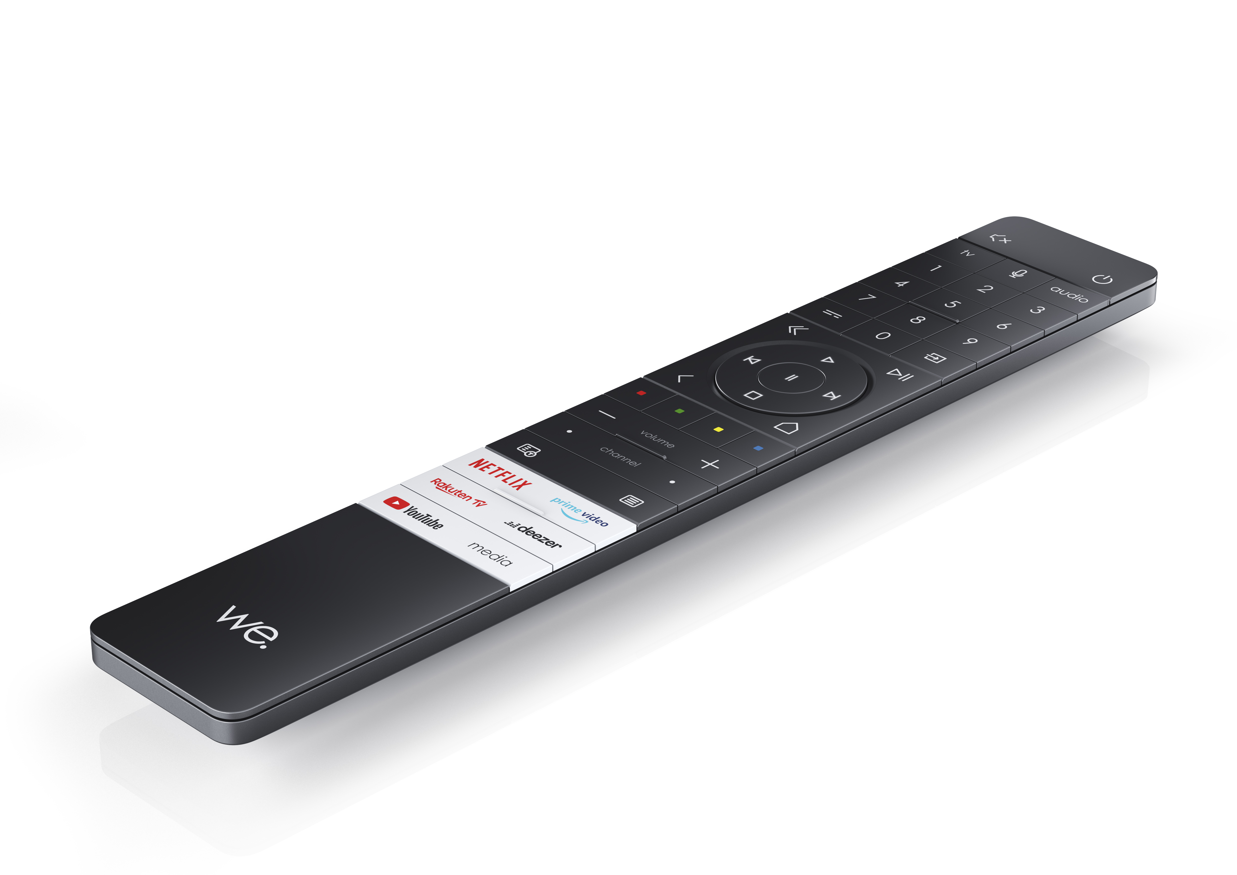 Un mando a distancia de TV negro con varios botones, incluyendo un botón de Netflix y otro de YouTube.