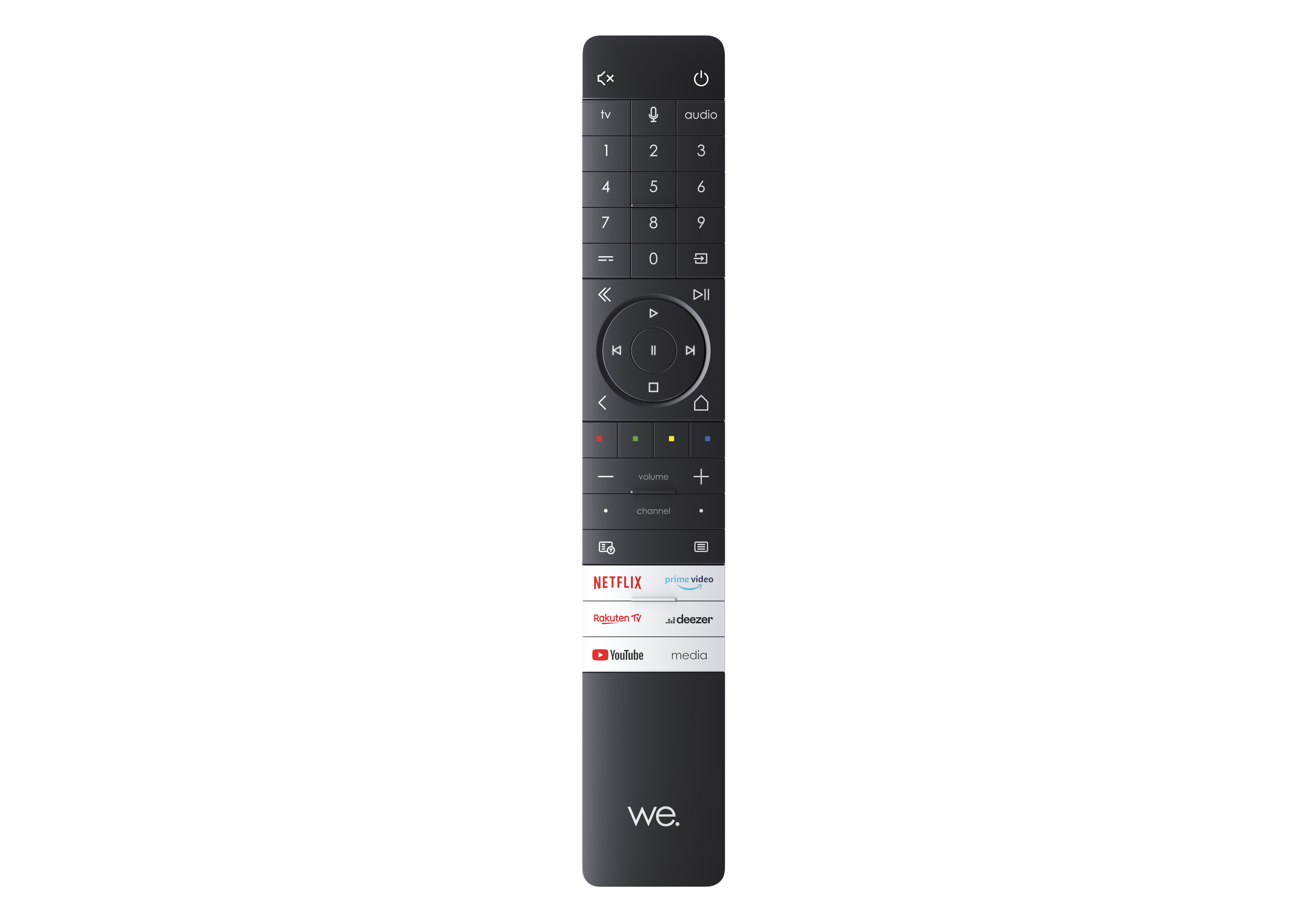 Un mando a distancia de TV negro con varios botones y botones de acceso directo para servicios de transmisión.