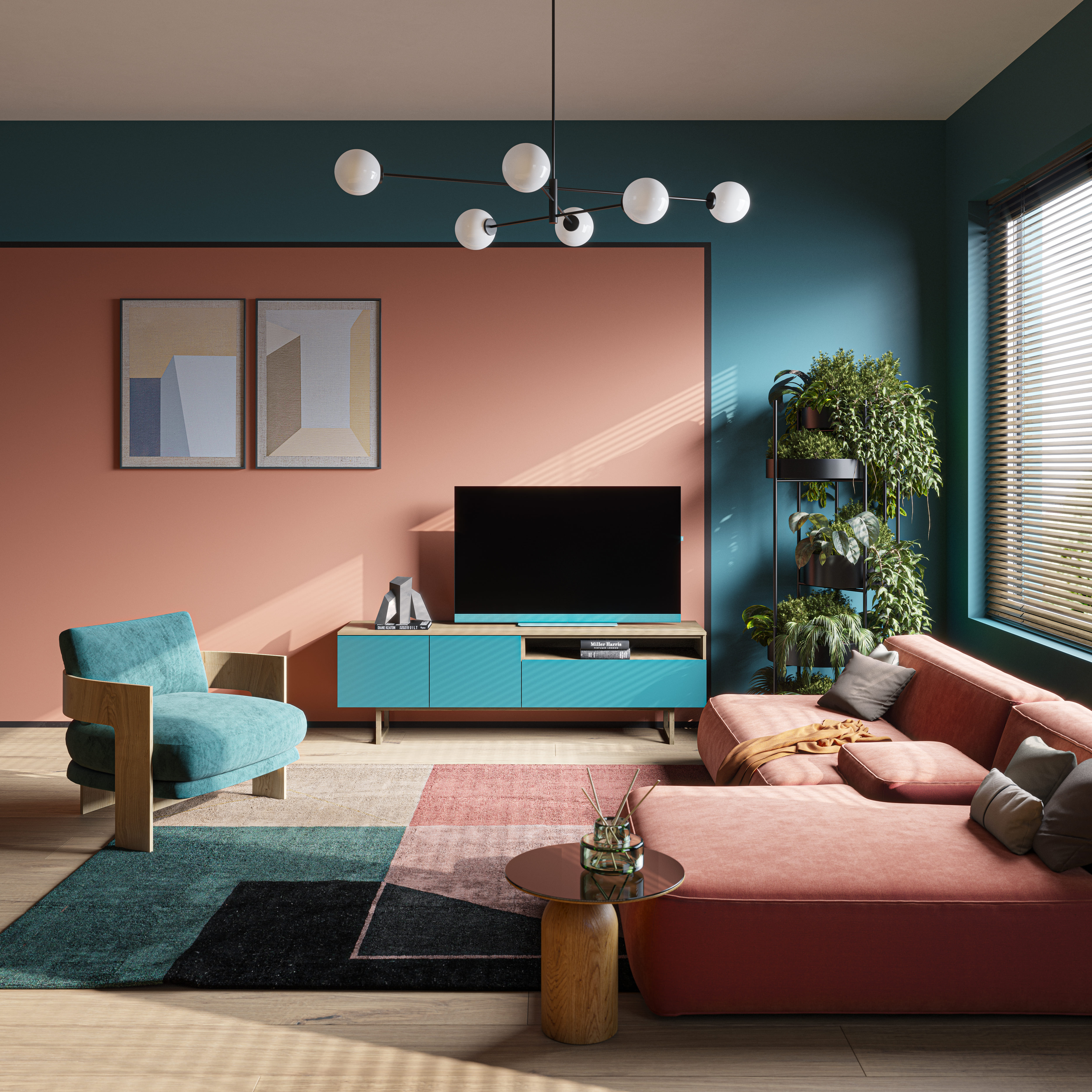 Un salón moderno con pared rosa, sofá verde y detalles en azul. Contiene un televisor y arte.