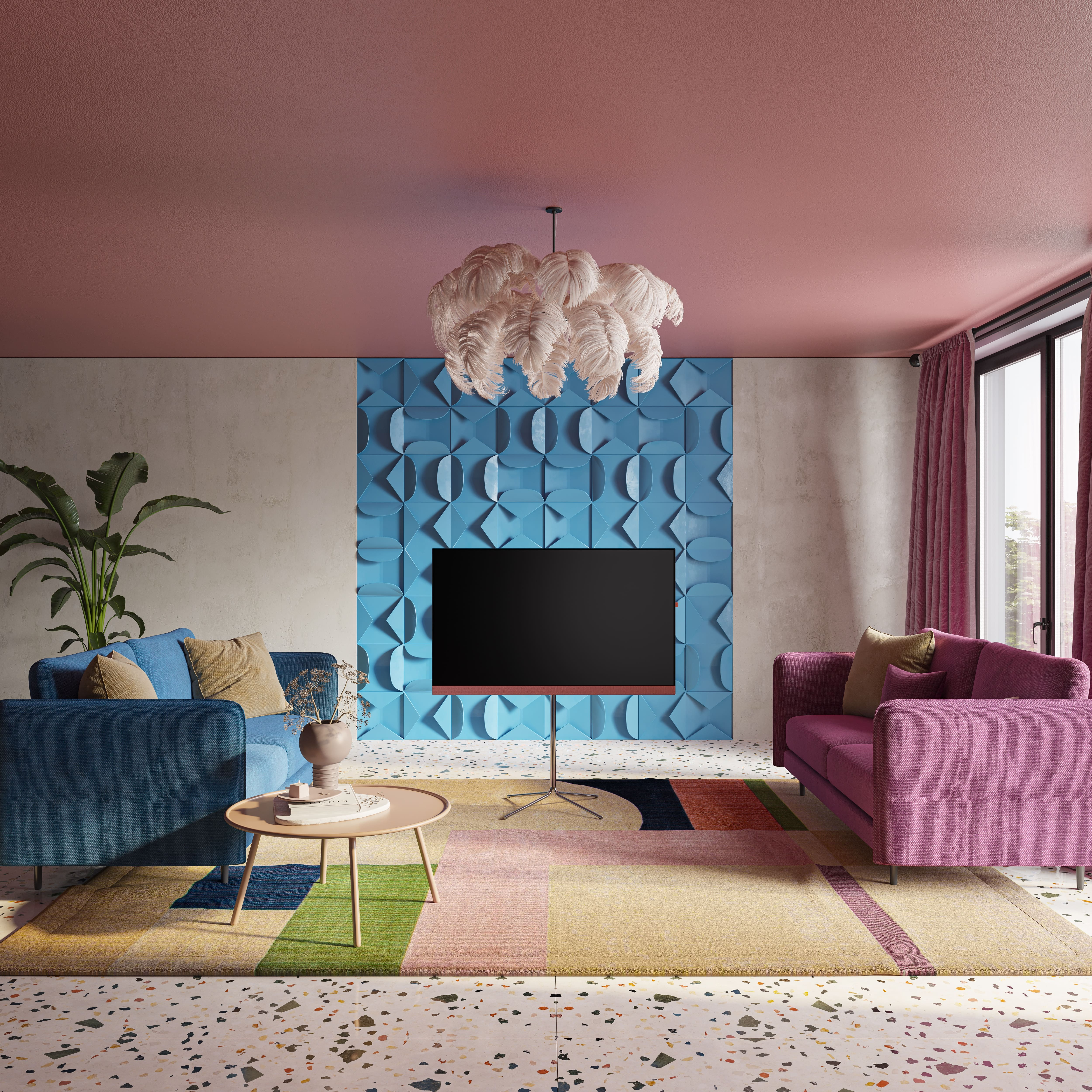 Salón con sofá azul, sofá rosa, TV y alfombra colorida. Techo rosa, pared texturizada.