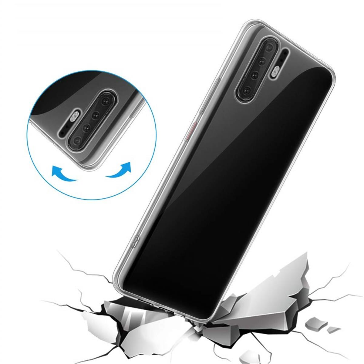 Eine transparente Handyhülle mit einem Telefon darin, aus mehreren Blickwinkeln gezeigt.
