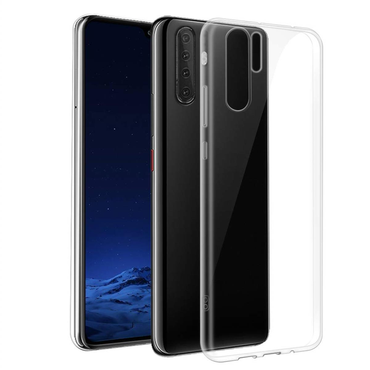 Ein Telefon mit einer durchsichtigen Hülle, das einen schwarzen Hintergrund und ein dreifaches Kamera-Setup zeigt.