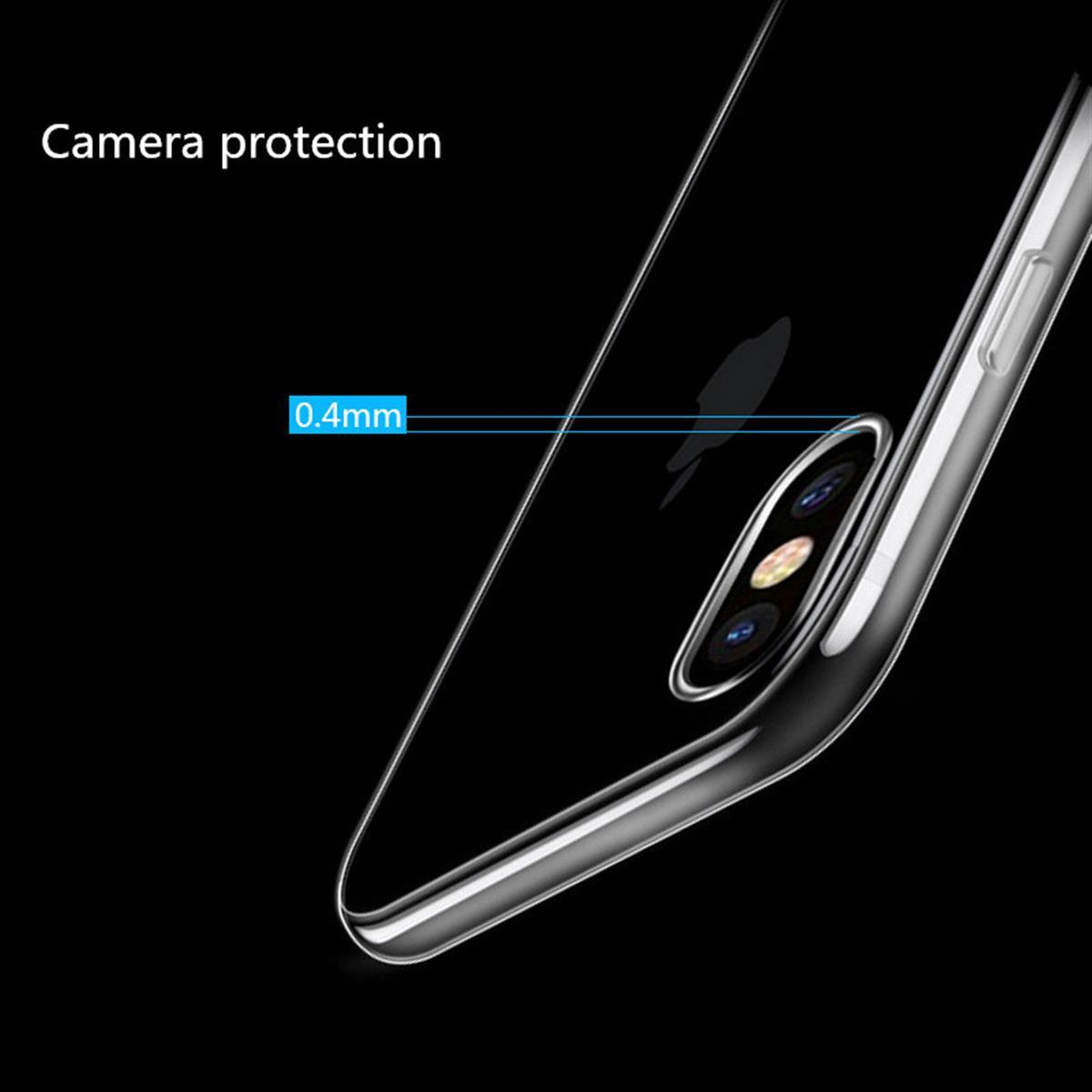Eine transparente Handyhülle mit Kamerahöcker. Der Text lautet 0,4 mm.