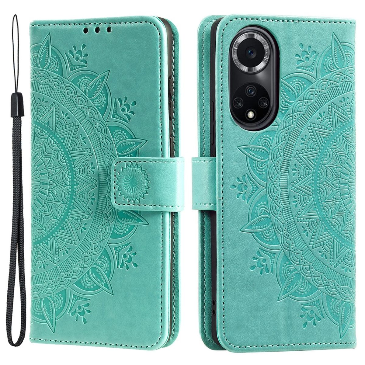 Türkisfarbene Handyhülle mit Mandala-Design, offen. Schwarzer Riemen links.