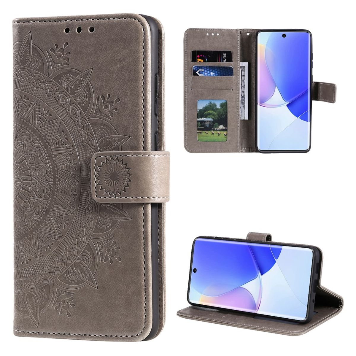 Graue Handyhülle mit Mandala-Design, geöffnet, um ein Telefon, Karten und Geld zu zeigen.