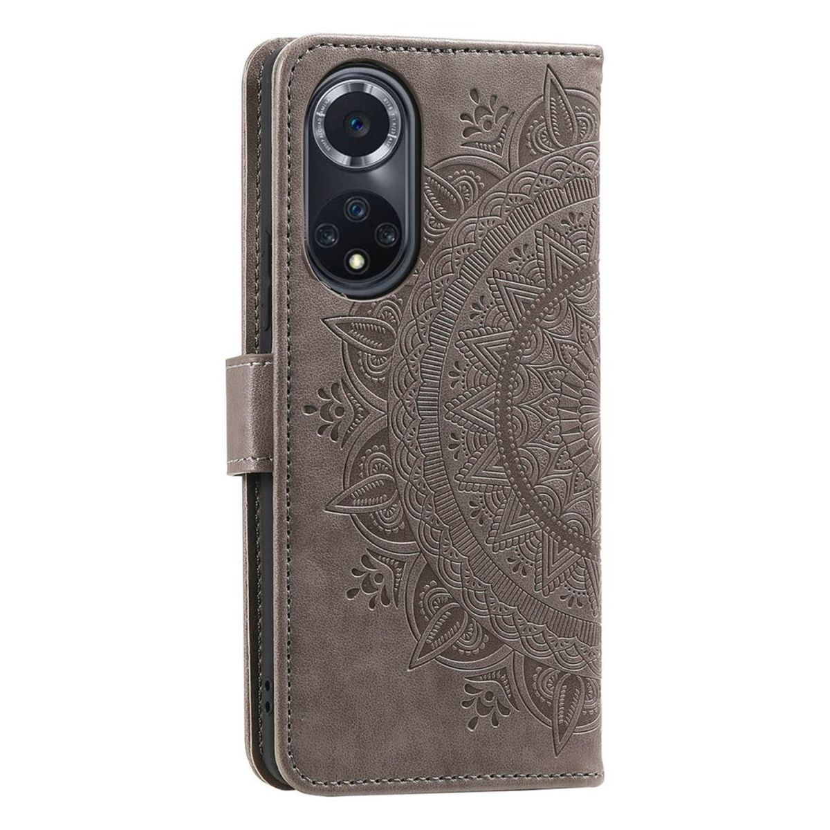 Eine braune Handyhülle mit einem detaillierten Mandala-Design. Die Hülle ist geöffnet und zeigt das Telefon.