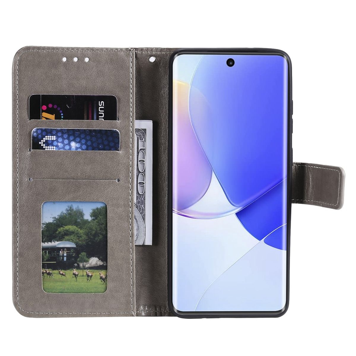 Graue Handyhülle mit Portemonnaie-Design. Hält Telefon, Karten und Geld. Bild von Hirschen in einer Landschaft.