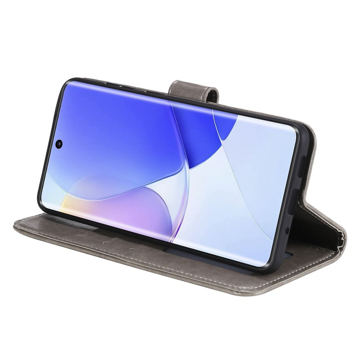 Eine graue Handyhülle mit hochgestelltem Telefon, das einen blauen Hintergrund zeigt.