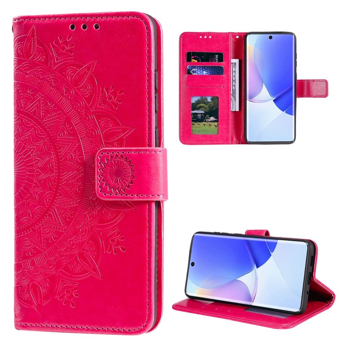 Rote Handyhülle mit Mandala-Design, mit einem Telefon darin.