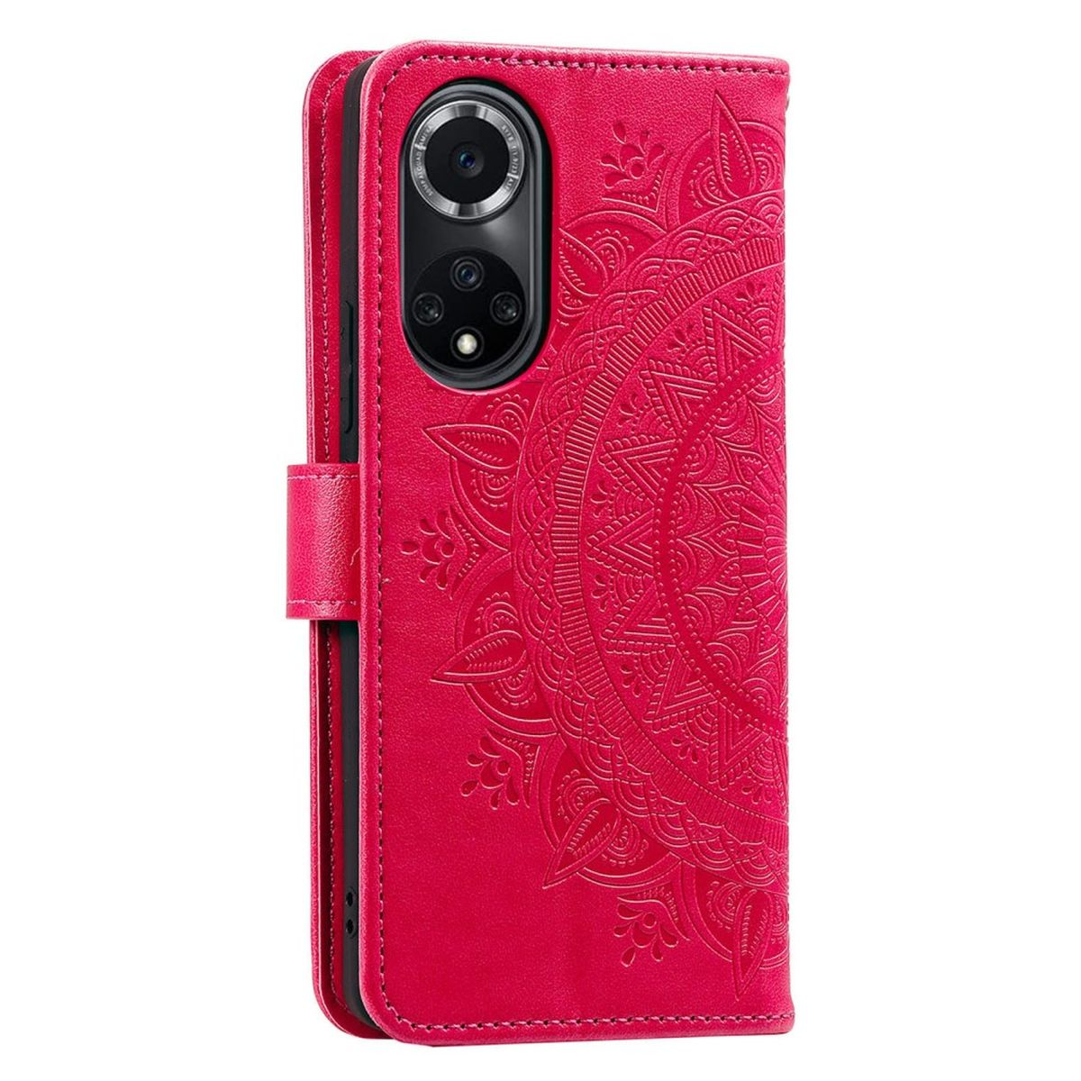 Eine rote Handyhülle mit Mandala-Design und Magnetverschluss.