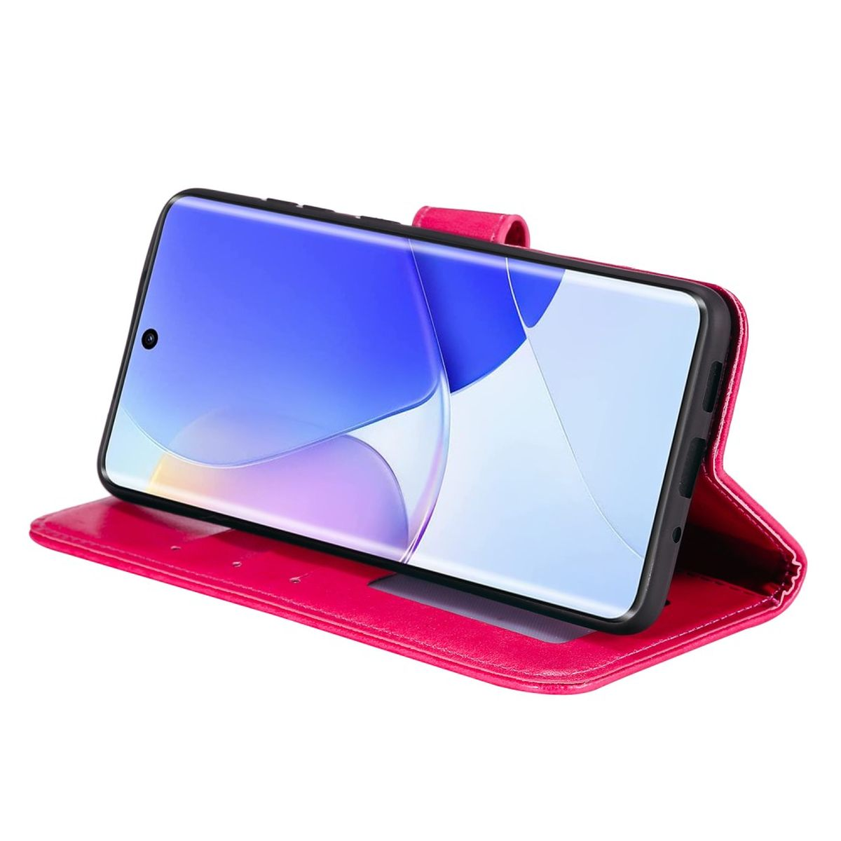 Eine rosafarbene Handyhülle mit einem Handy darin, das offen aufgestellt ist, um den Bildschirm anzuzeigen.