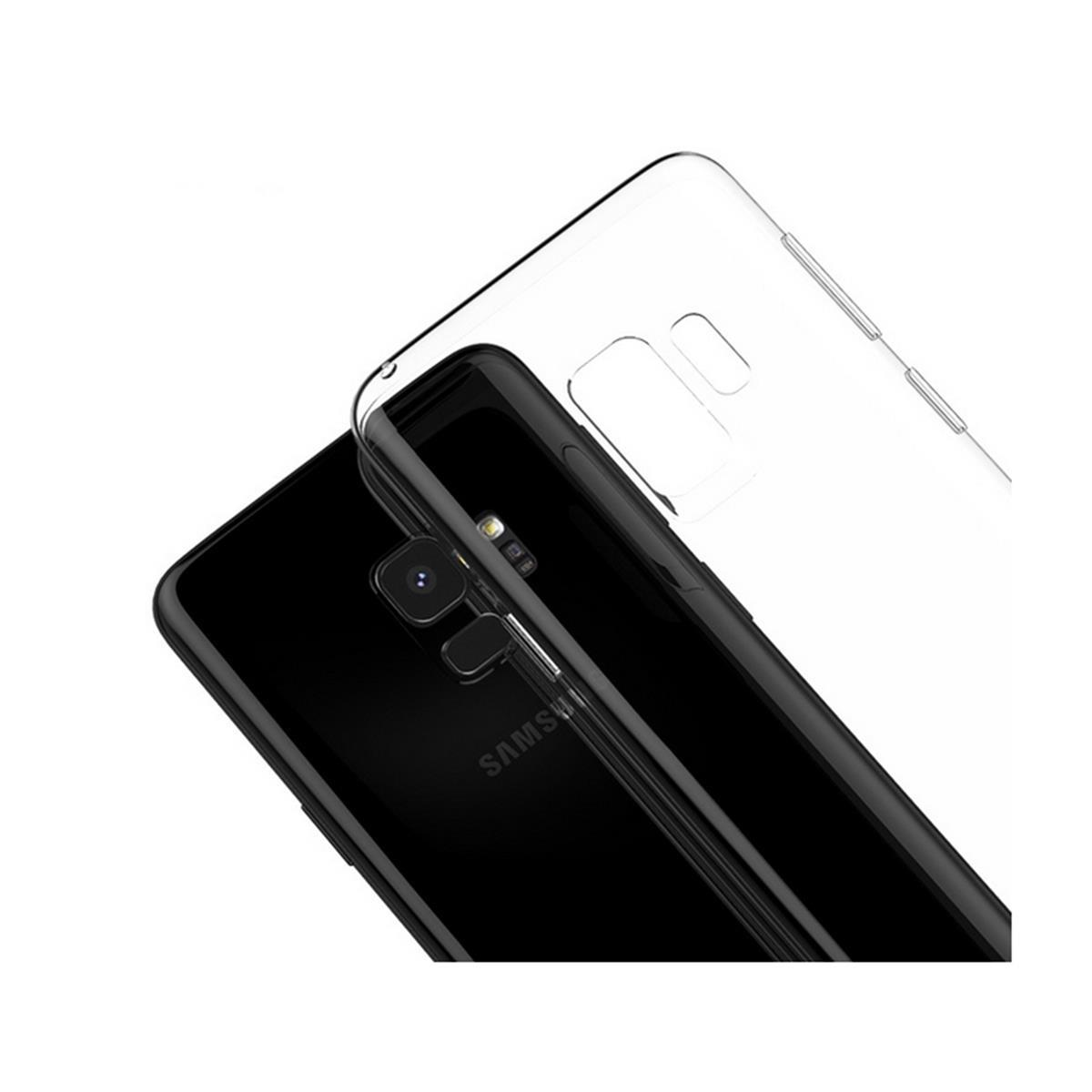 Eine transparente Handyhülle auf einem schwarzen Telefon, wobei das Samsung-Logo sichtbar ist.