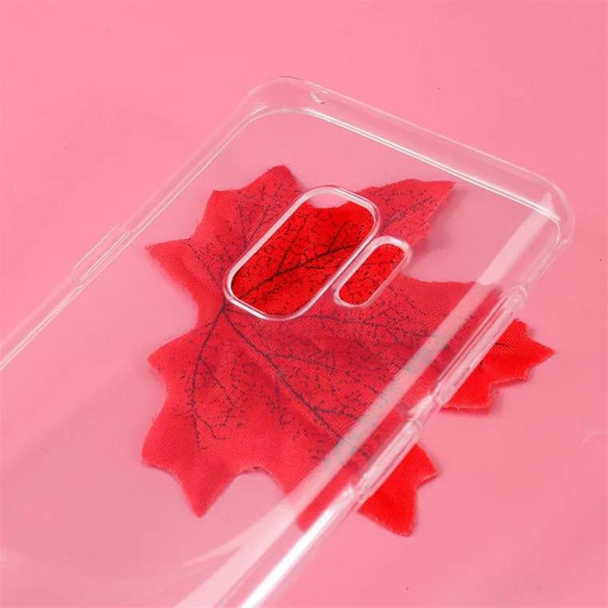 Transparente Handyhülle mit rotem Blattdesign innen, vor rosa Hintergrund.
