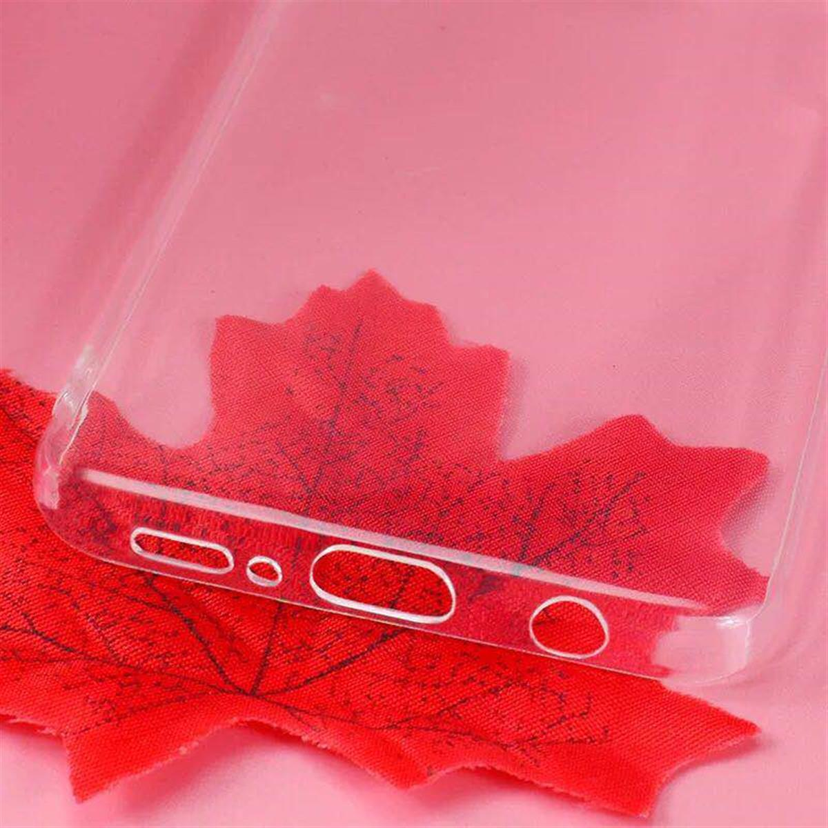 Transparente Handyhülle mit rotem Ahornblatt-Design auf roter Oberfläche. Die Hülle hat Aussparungen.