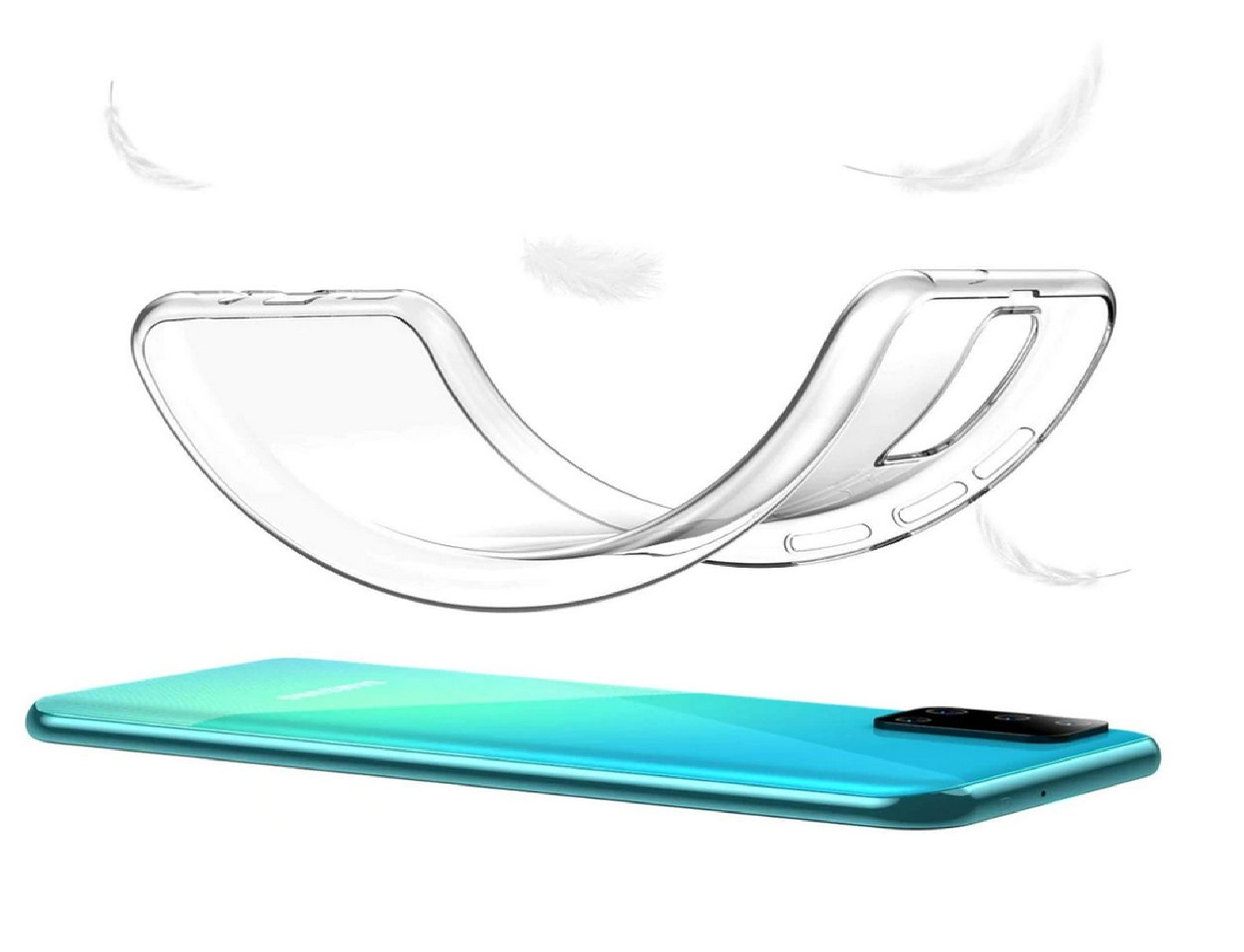 Transparente Handyhülle über einem Telefon gebogen. Weiße Federn im Hintergrund. Weißer Hintergrund.