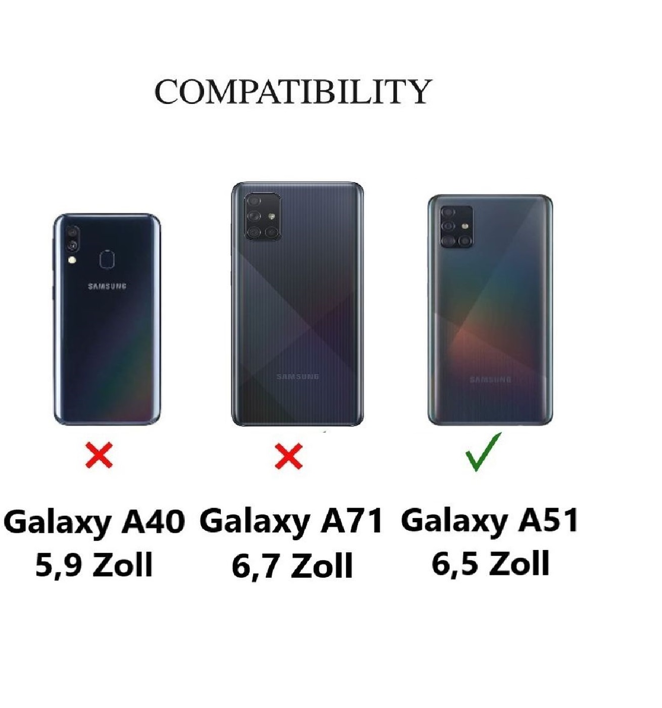 Drei Telefone, Galaxy A40, A71 und A51. A51 ist als kompatibel markiert.