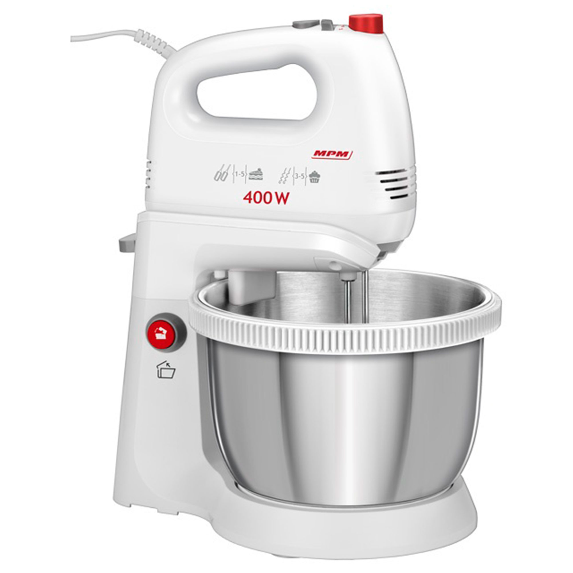 Biały i srebrny mikser ręczny z miską. Posiada czerwony przycisk.