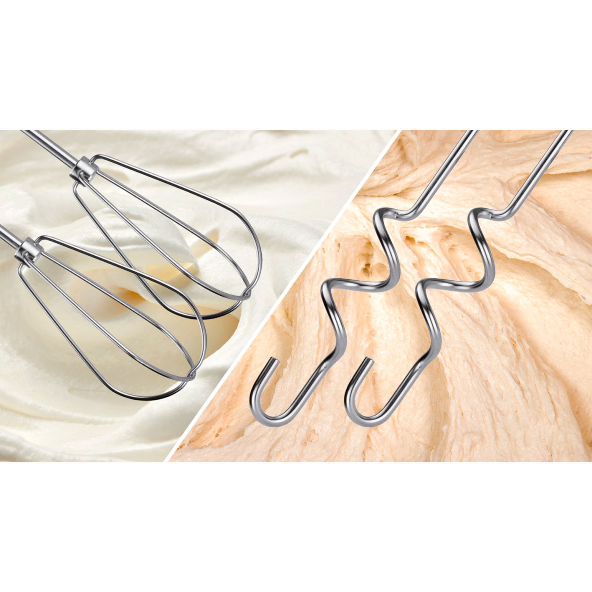 Dwa zestawy końcówek do miksera, jeden do ubijania, drugi do mieszania. Kremowe i brązowe mieszanki.