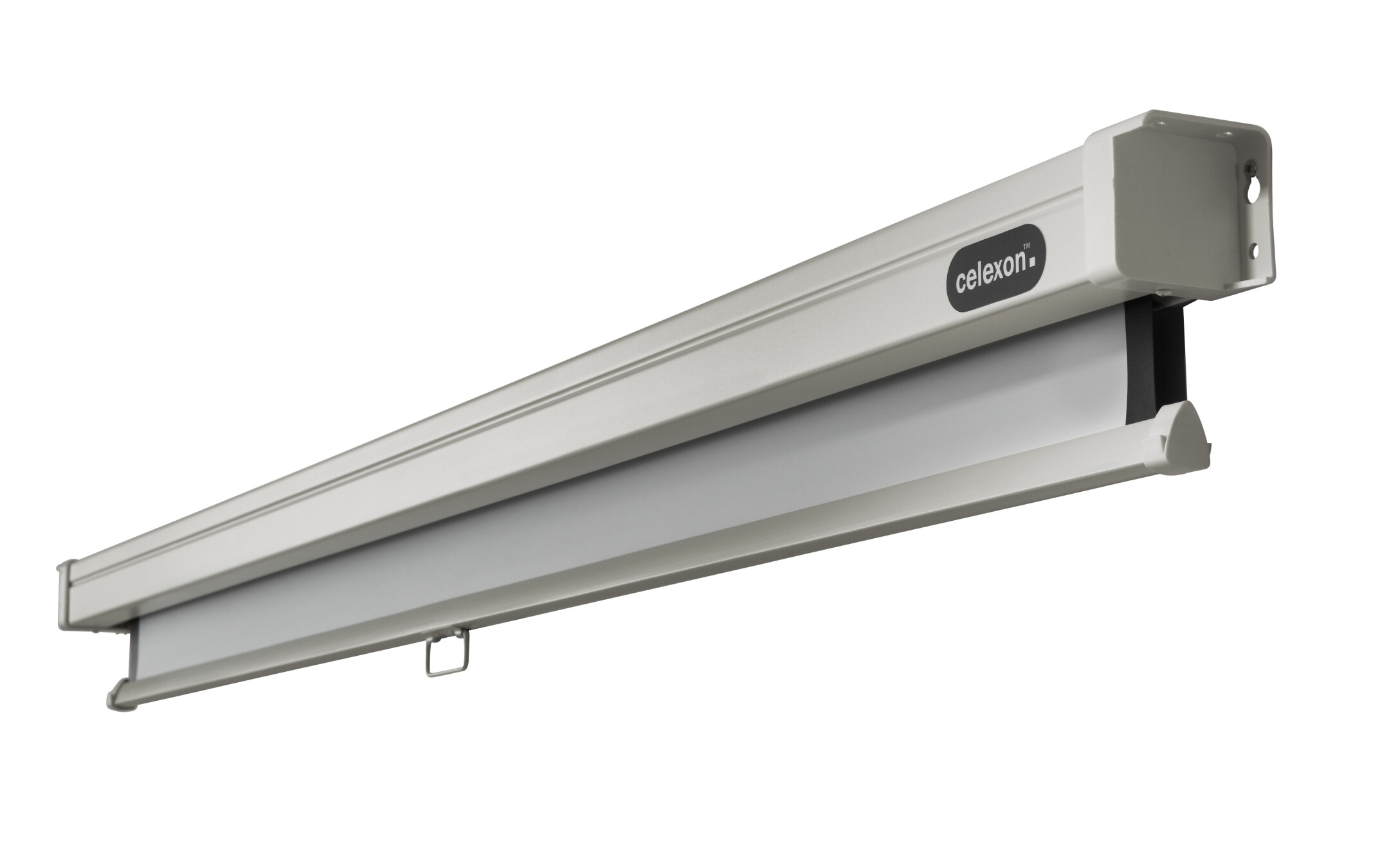 Écran de projecteur blanc dans un boîtier blanc. Le nom de la marque est visible.