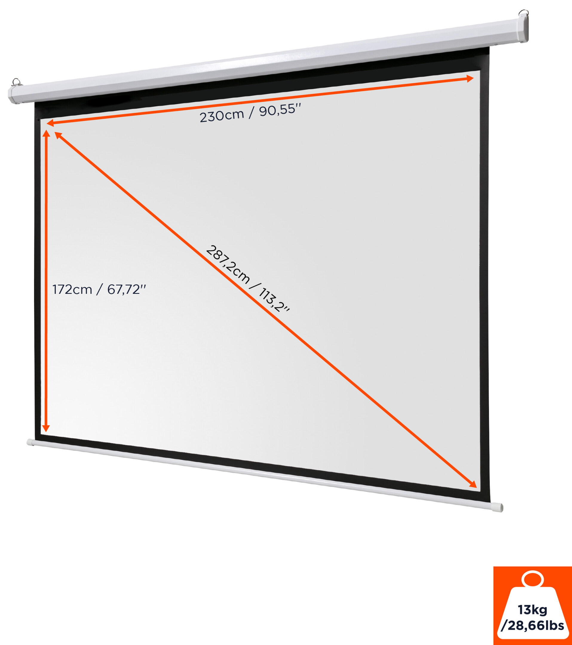 Weiße Projektionsleinwand mit Maßen in Zentimetern und Zoll. Orange diagonale Linien.